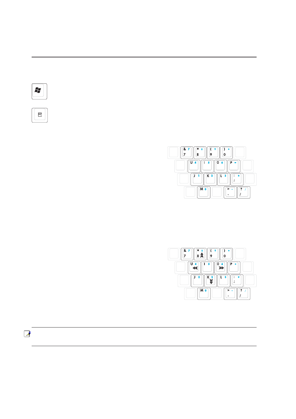 Microsoft windows keys, Keyboard as a numeric keypad, Keyboard as cursors | Getting started | Asus Z62J User Manual | Page 28 / 70