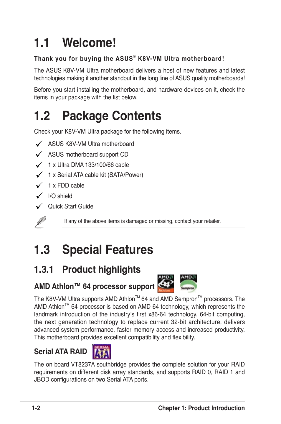 3 special features, 1 welcome, 2 package contents | 1 product highlights, Amd athlon™ 64 processor support, Serial ata raid | Asus K8V-VM Ultra User Manual | Page 12 / 78
