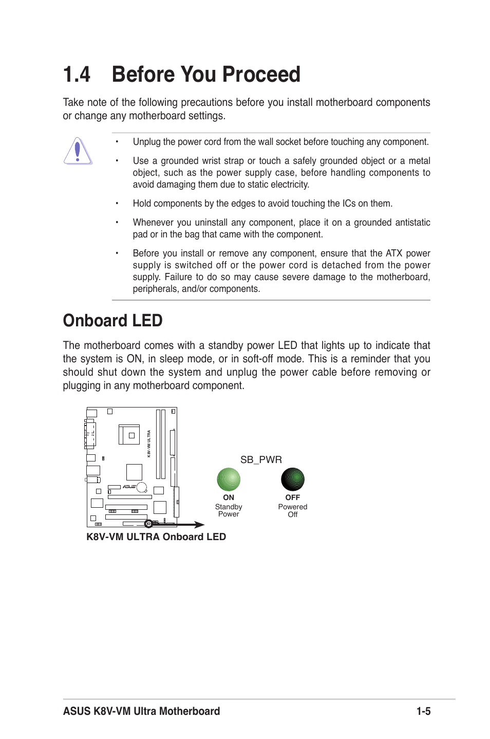 4 before you proceed, Onboard led | Asus K8V-VM Ultra User Manual | Page 15 / 78