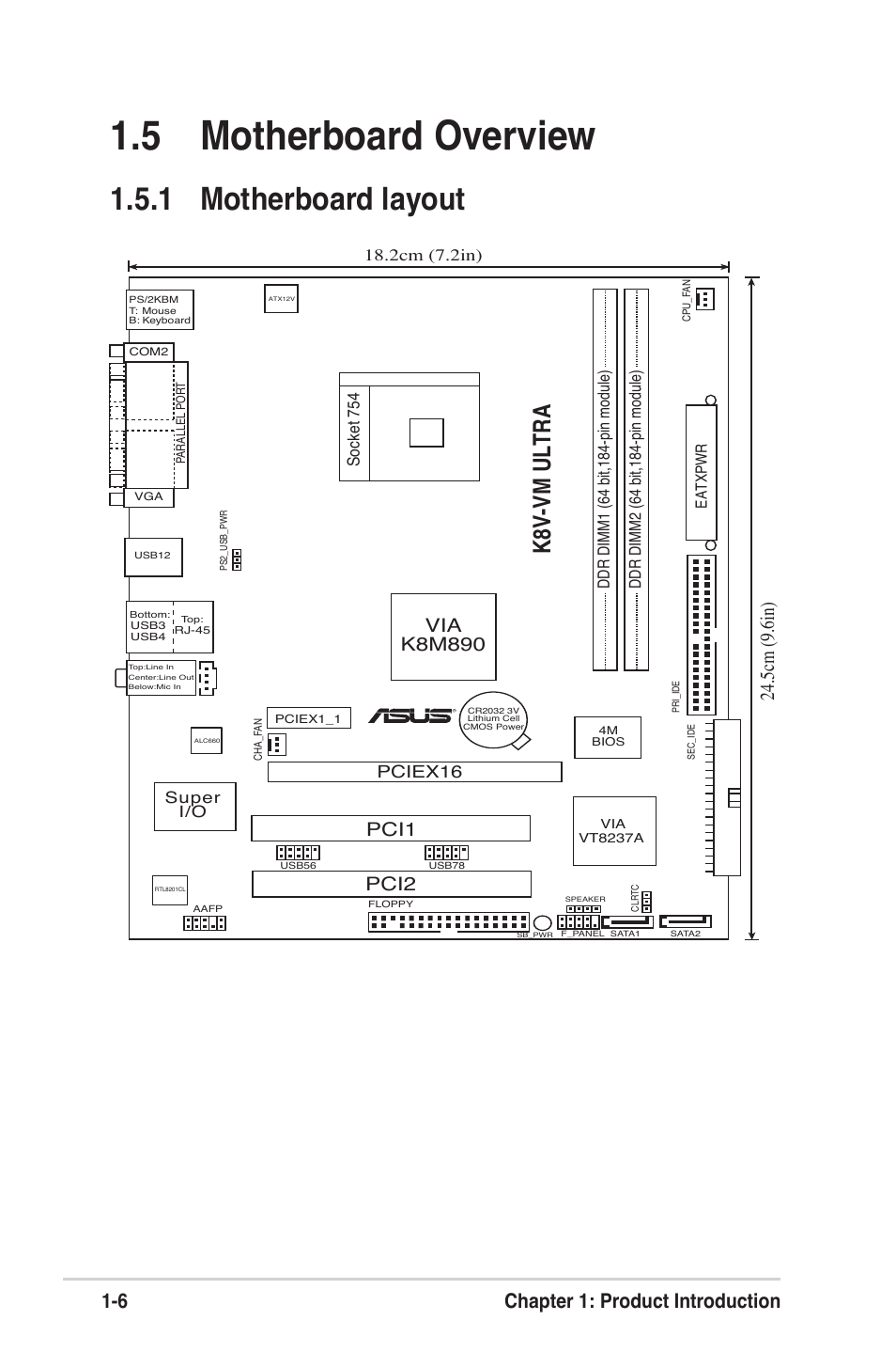 5 motherboard overview, 1 motherboard layout, K8v-vm ultra | 6 chapter 1: product introduction, 5cm (9.6in), Via k8m890, Pci1 pci2, Pciex16, Socket 754, Super i/o | Asus K8V-VM Ultra User Manual | Page 16 / 78