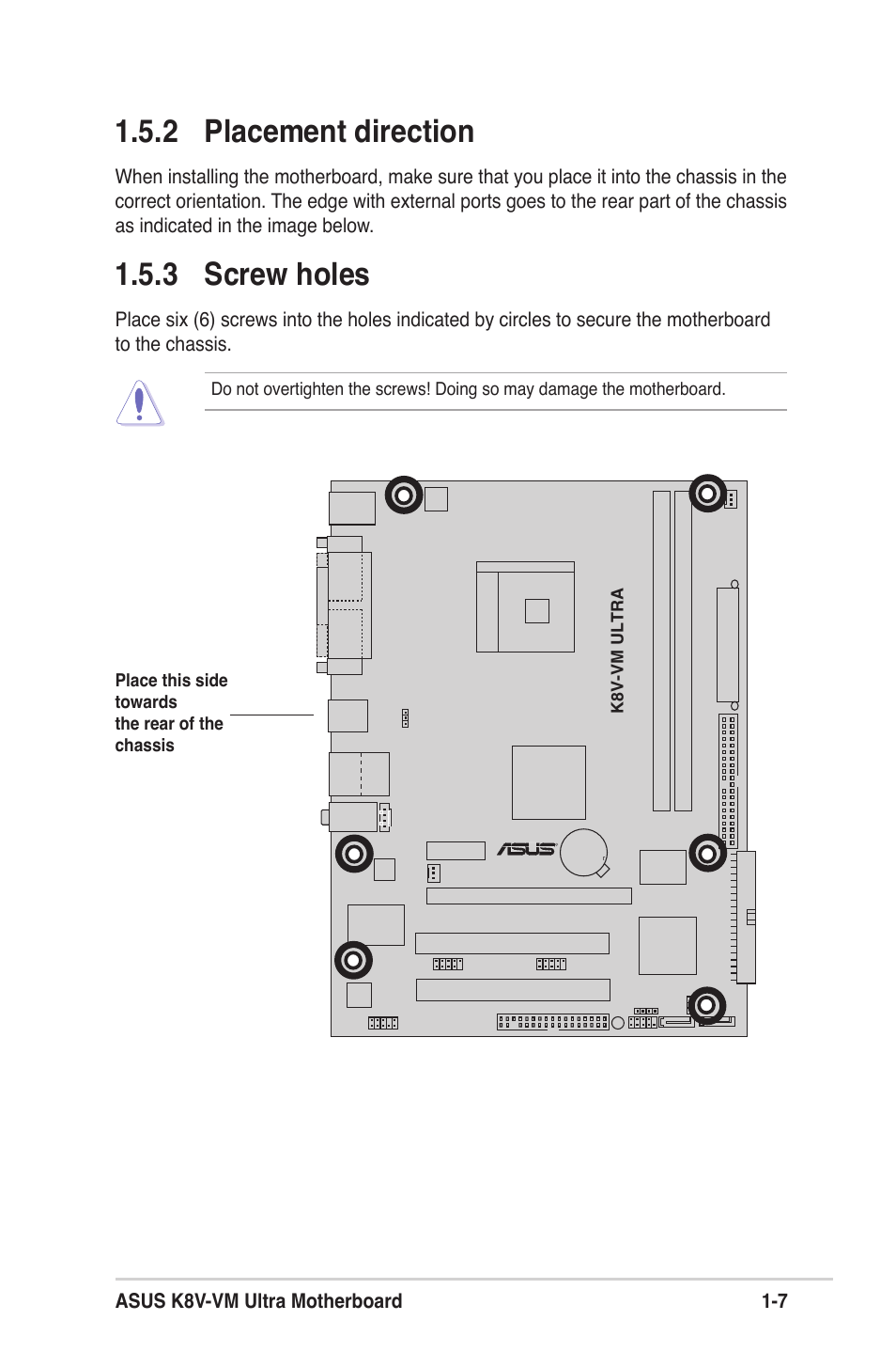 2 placement direction, 3 screw holes | Asus K8V-VM Ultra User Manual | Page 17 / 78