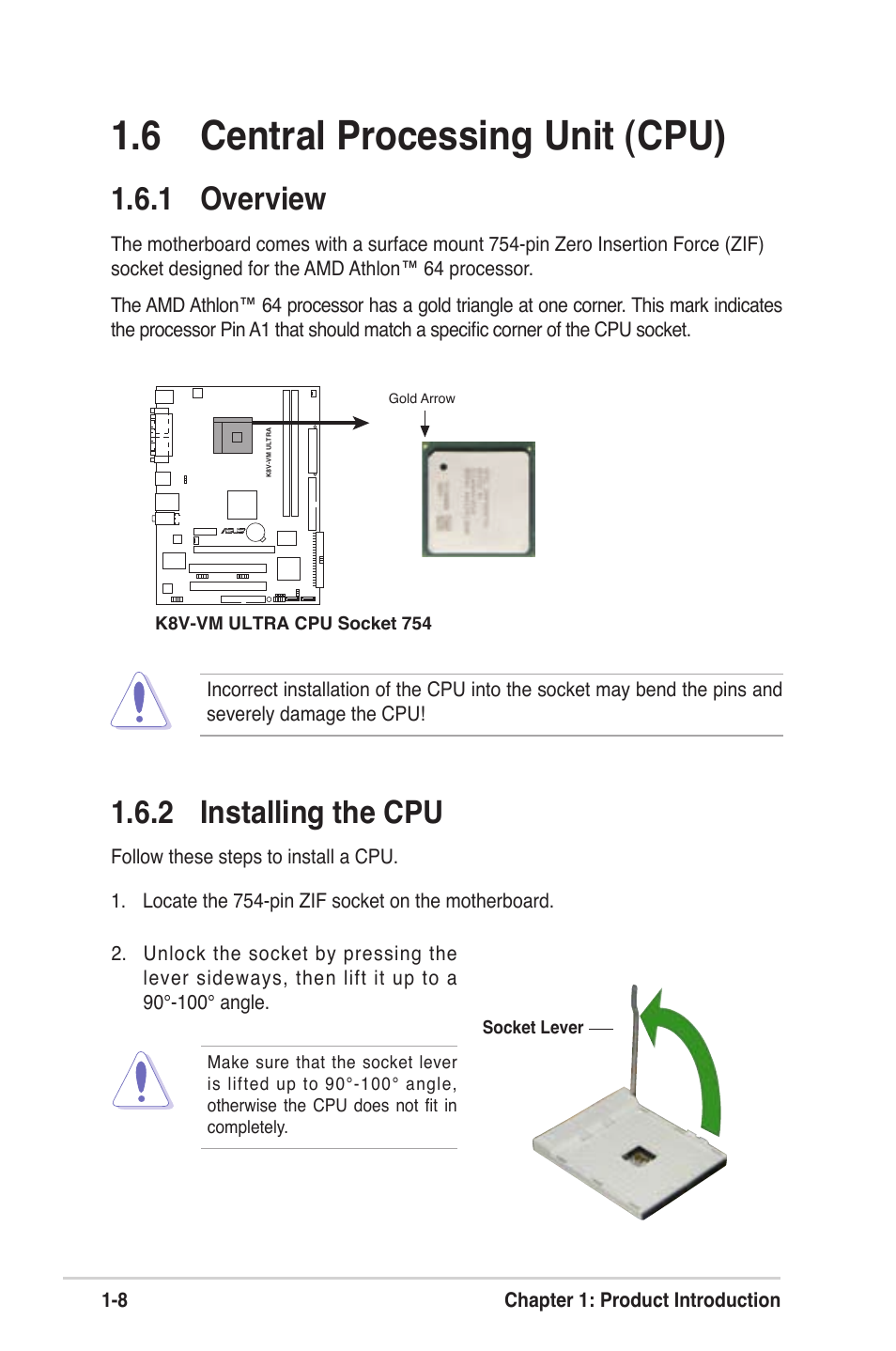 6 central processing unit (cpu), 2 installing the cpu, 1 overview | Asus K8V-VM Ultra User Manual | Page 18 / 78