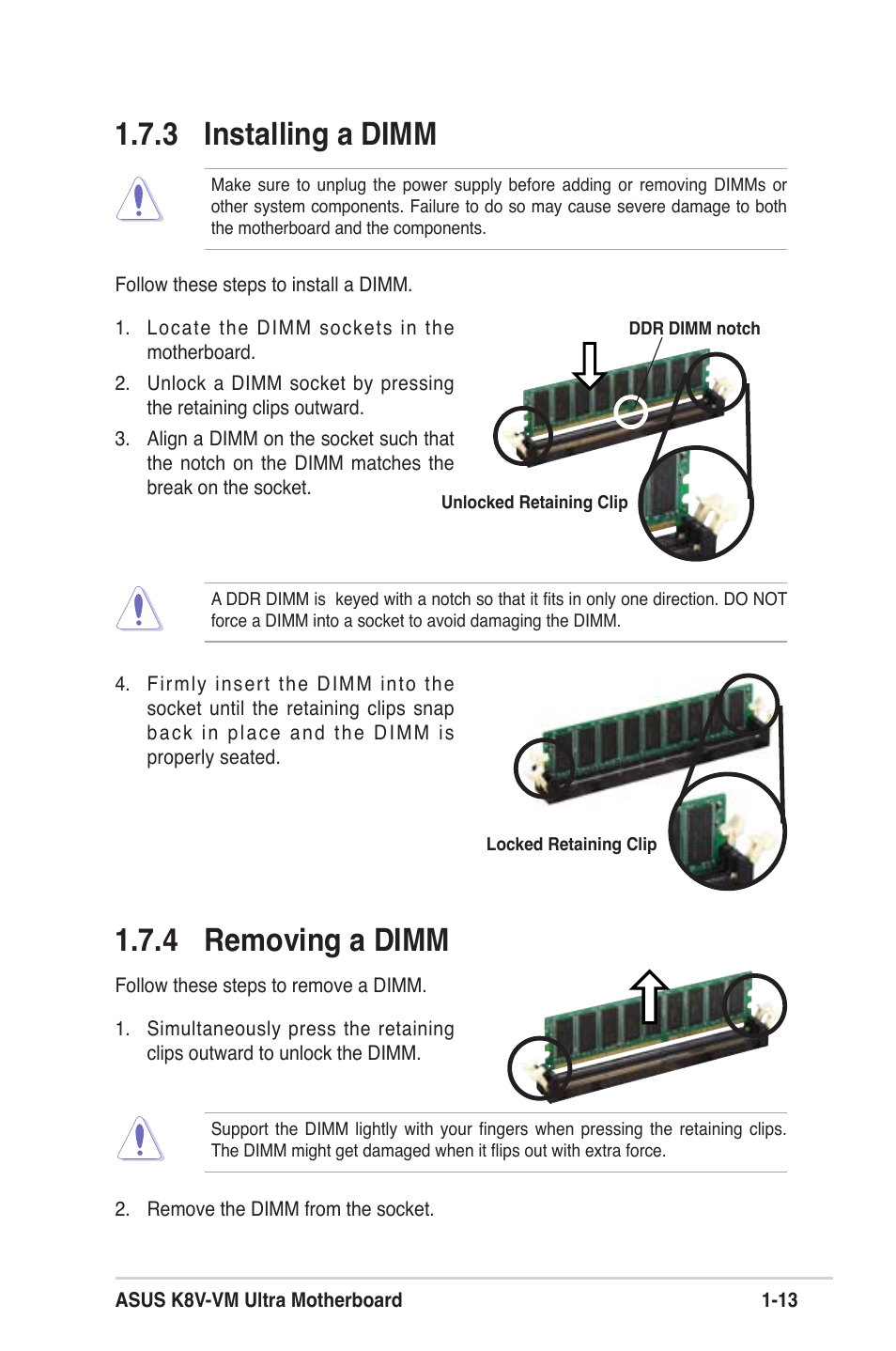 3 installing a dimm, 4 removing a dimm | Asus K8V-VM Ultra User Manual | Page 23 / 78