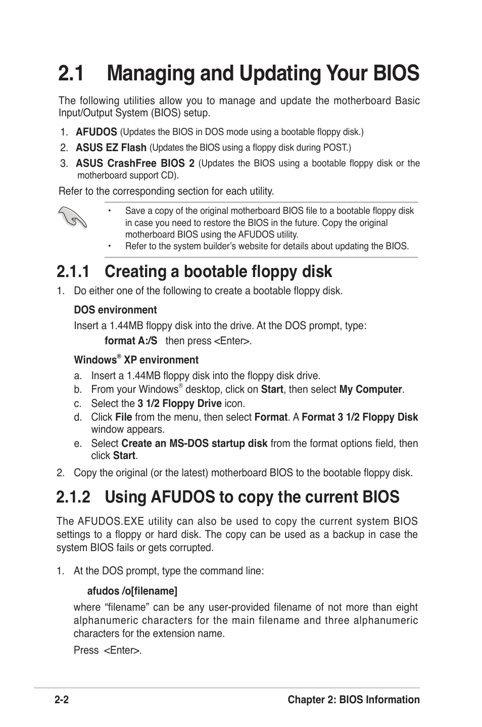 1 managing and updating your bios, 1 creating a bootable ﬂoppy disk, 2 using afudos to copy the current bios | Asus K8V-VM Ultra User Manual | Page 38 / 78