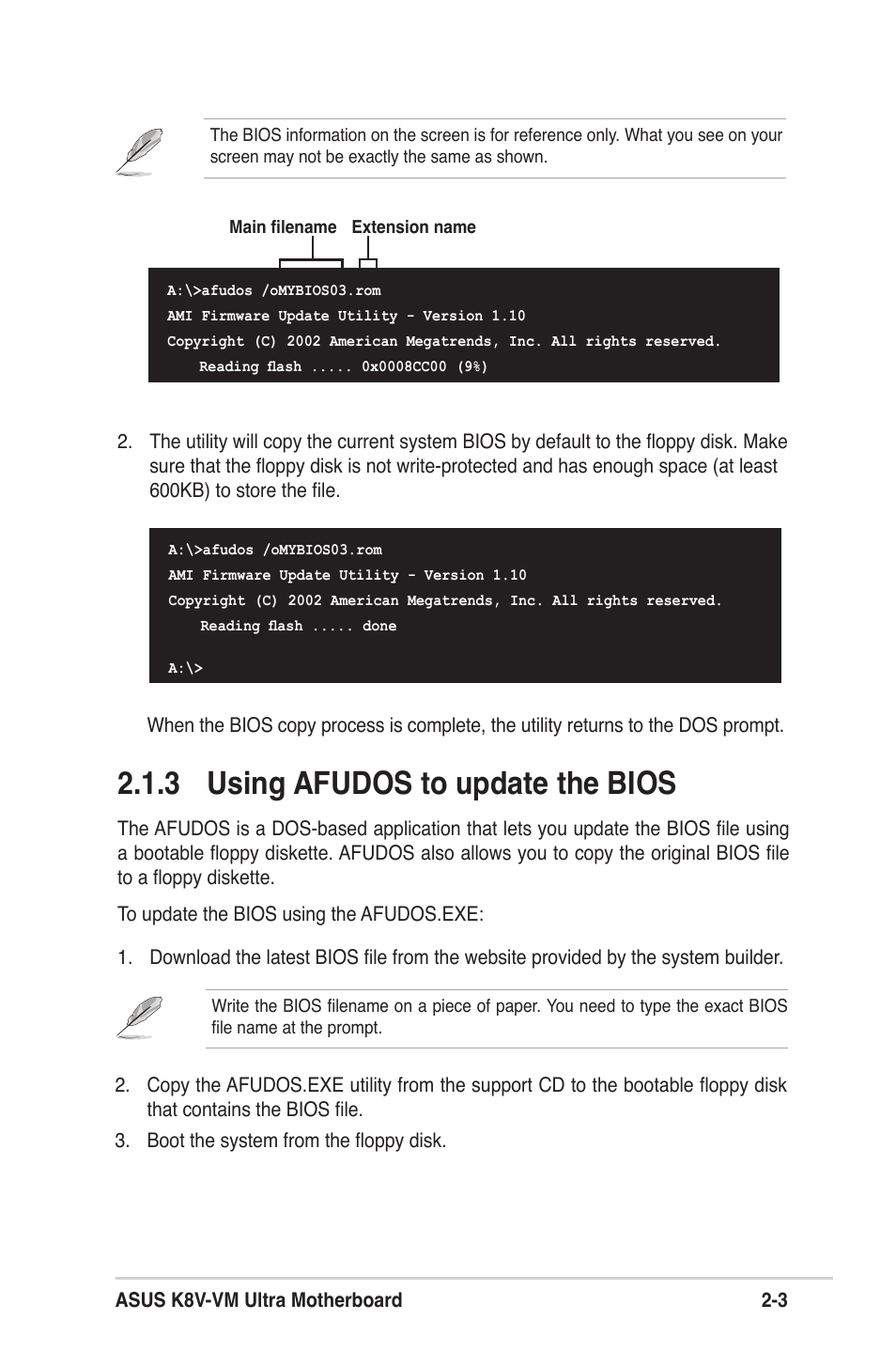 3 using afudos to update the bios | Asus K8V-VM Ultra User Manual | Page 39 / 78