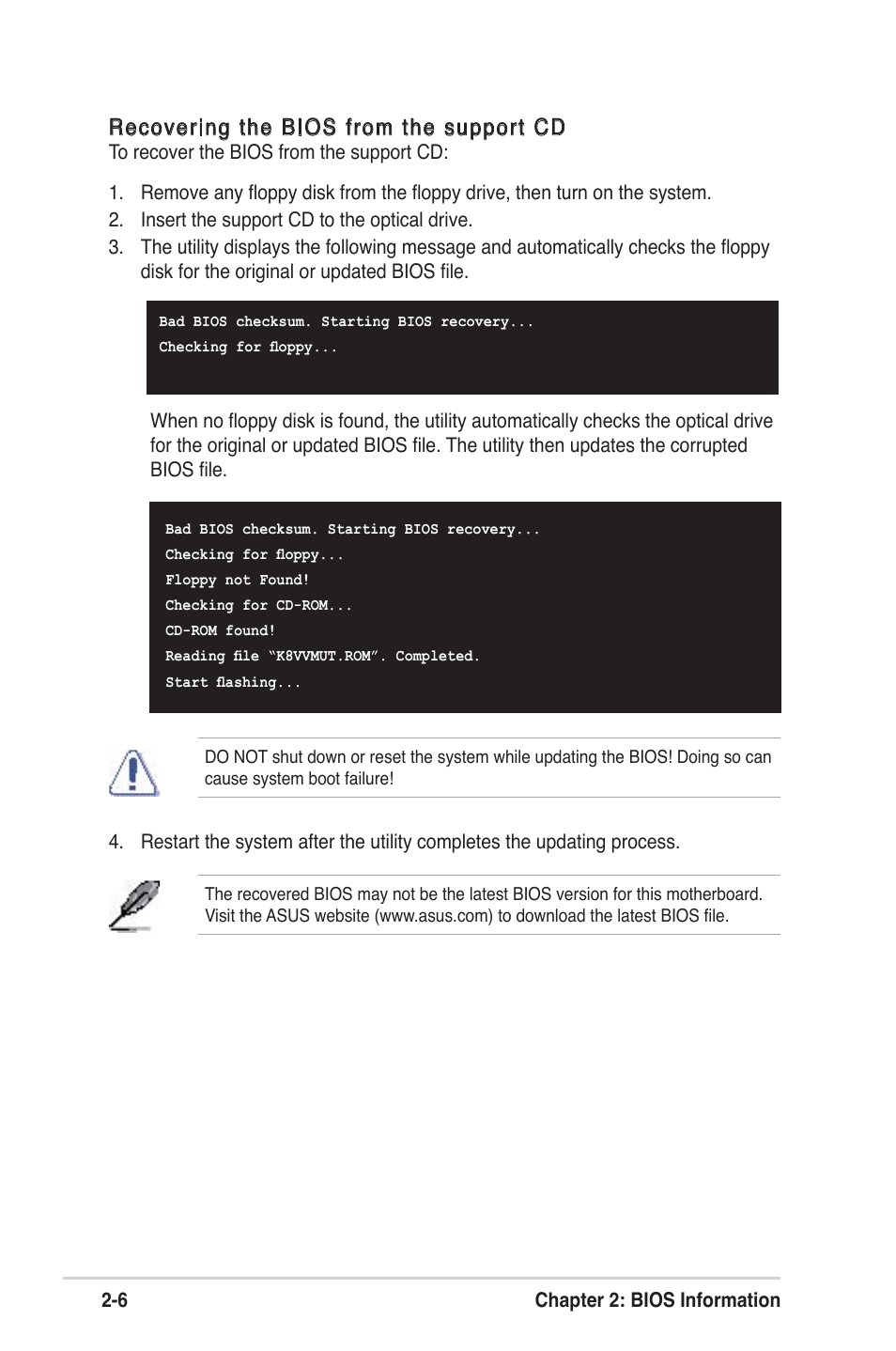 Recovering the bios from the support cd | Asus K8V-VM Ultra User Manual | Page 42 / 78