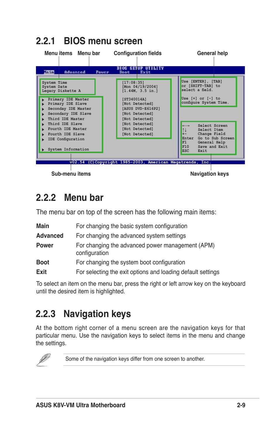 2 menu bar, 1 bios menu screen 2.2.3 navigation keys, Asus k8v-vm ultra motherboard 2-9 | Asus K8V-VM Ultra User Manual | Page 45 / 78
