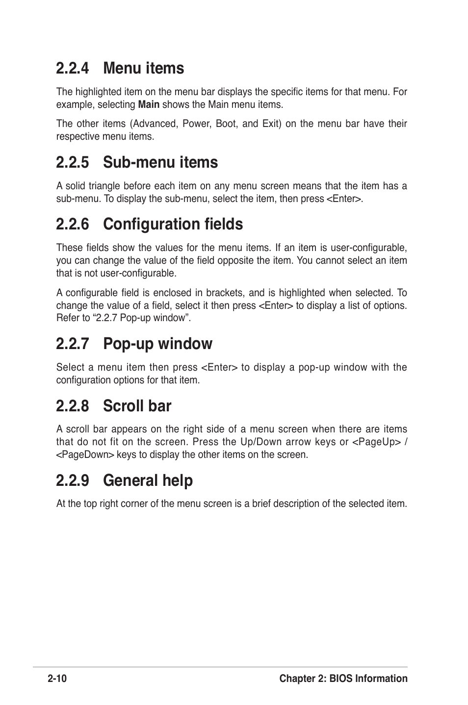 4 menu items, 5 sub-menu items, 6 conﬁguration ﬁelds | 7 pop-up window, 8 scroll bar, 9 general help | Asus K8V-VM Ultra User Manual | Page 46 / 78