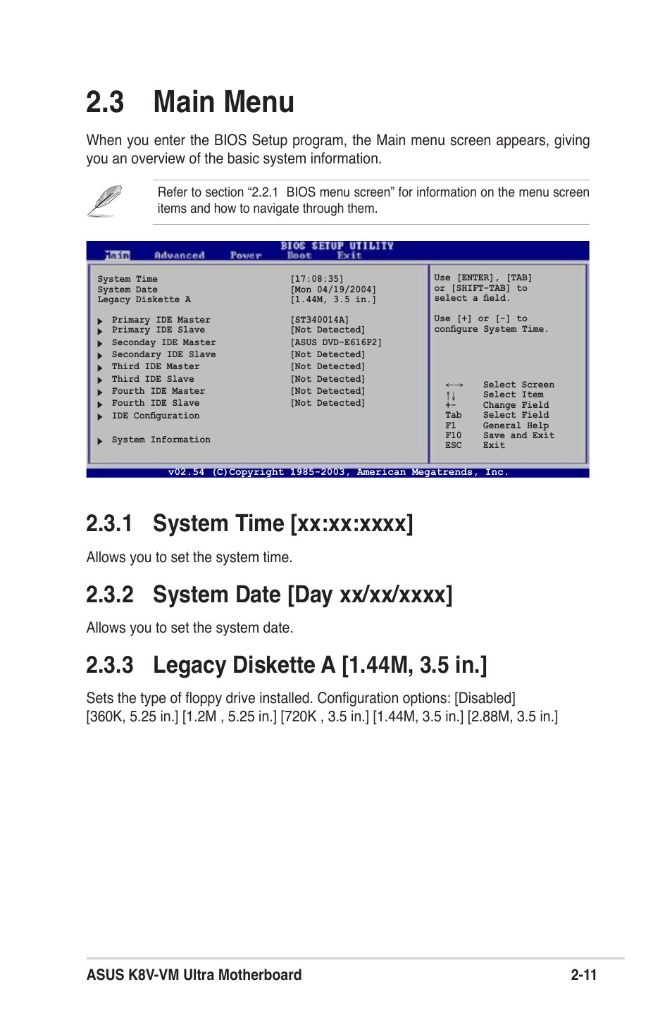 3 main menu, Asus k8v-vm ultra motherboard 2-11, Allows you to set the system time | Allows you to set the system date | Asus K8V-VM Ultra User Manual | Page 47 / 78