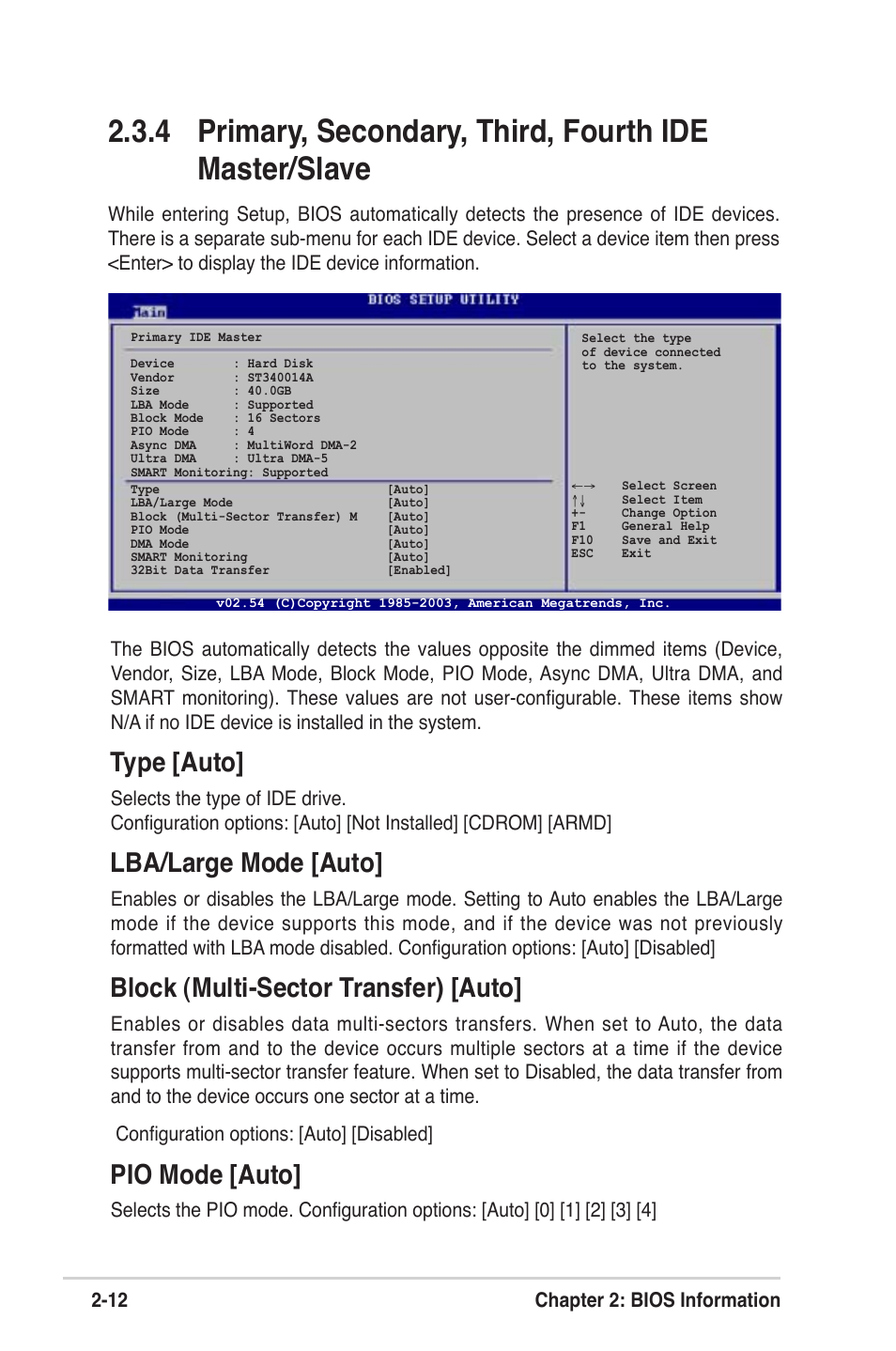 Type [auto, Lba/large mode [auto, Block (multi-sector transfer) [auto | Pio mode [auto, 12 chapter 2: bios information | Asus K8V-VM Ultra User Manual | Page 48 / 78