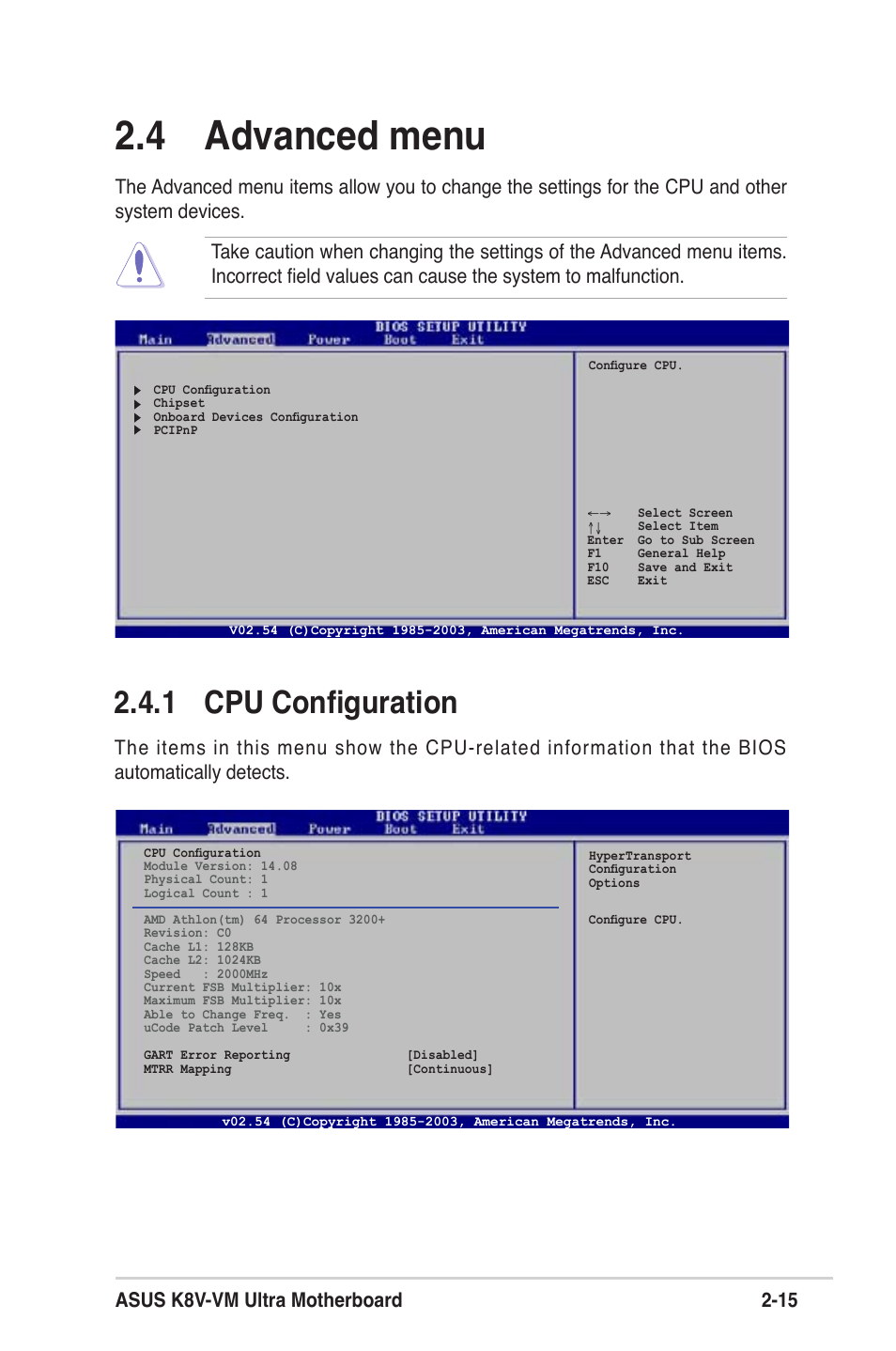 4 advanced menu, 1 cpu conﬁguration, Asus k8v-vm ultra motherboard 2-15 | Asus K8V-VM Ultra User Manual | Page 51 / 78