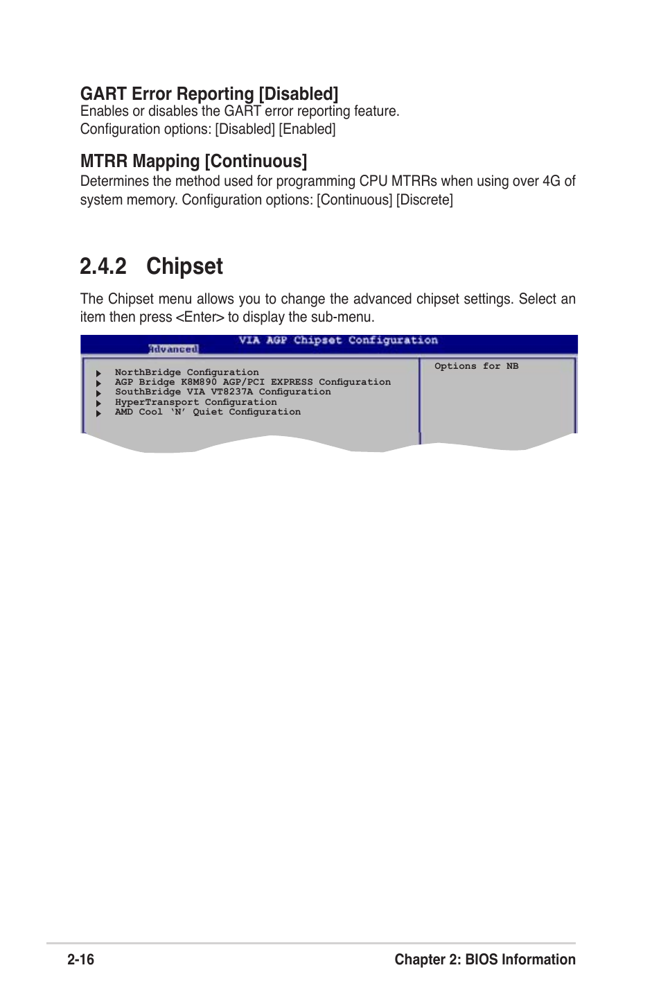 2 chipset, Gart error reporting [disabled, Mtrr mapping [continuous | Asus K8V-VM Ultra User Manual | Page 52 / 78