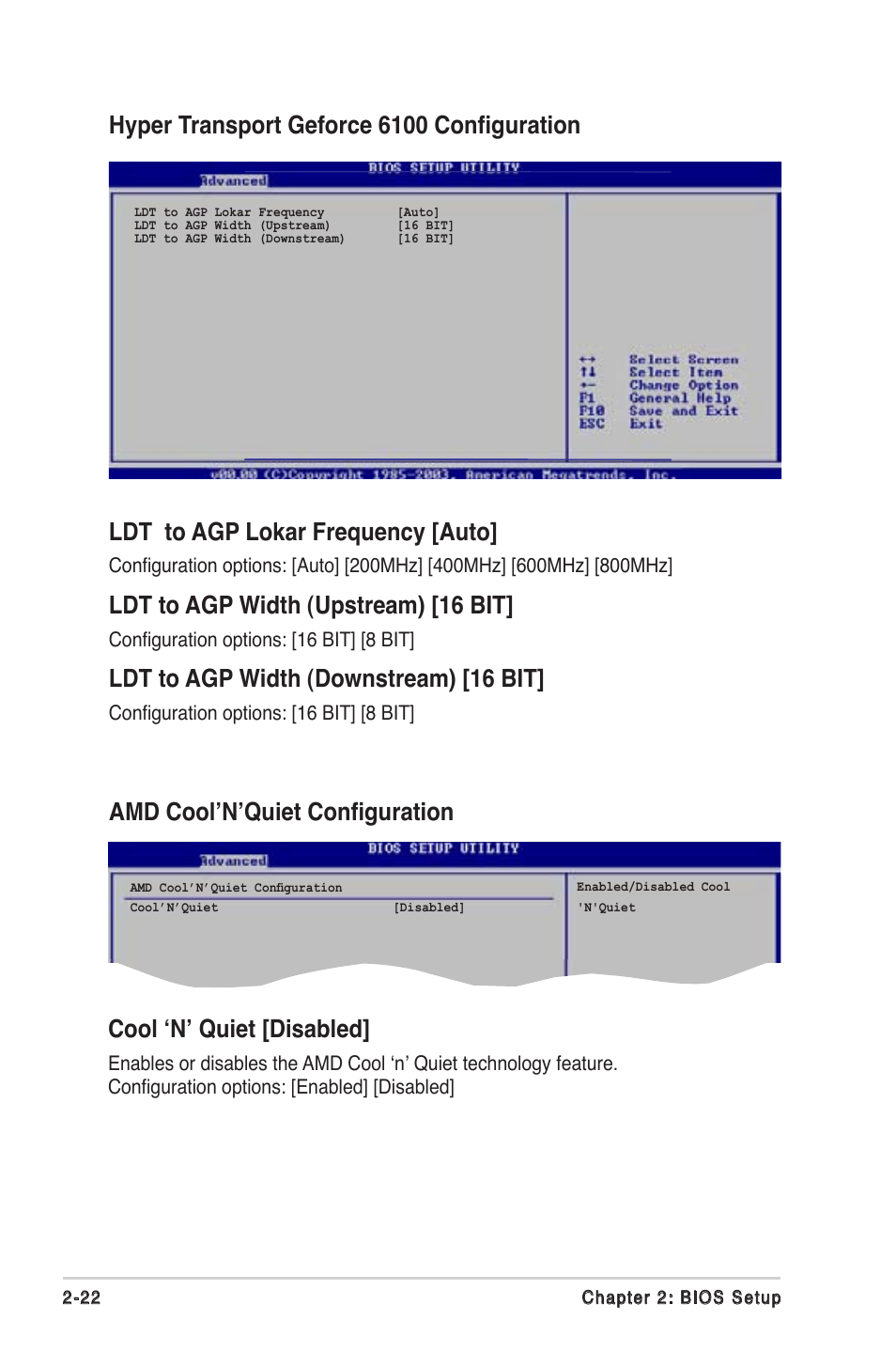 Ldt to agp width (upstream) [16 bit, Ldt to agp width (downstream) [16 bit, Cool ‘n’ quiet [disabled | Amd cool’n’quiet conﬁguration | Asus K8V-VM Ultra User Manual | Page 58 / 78