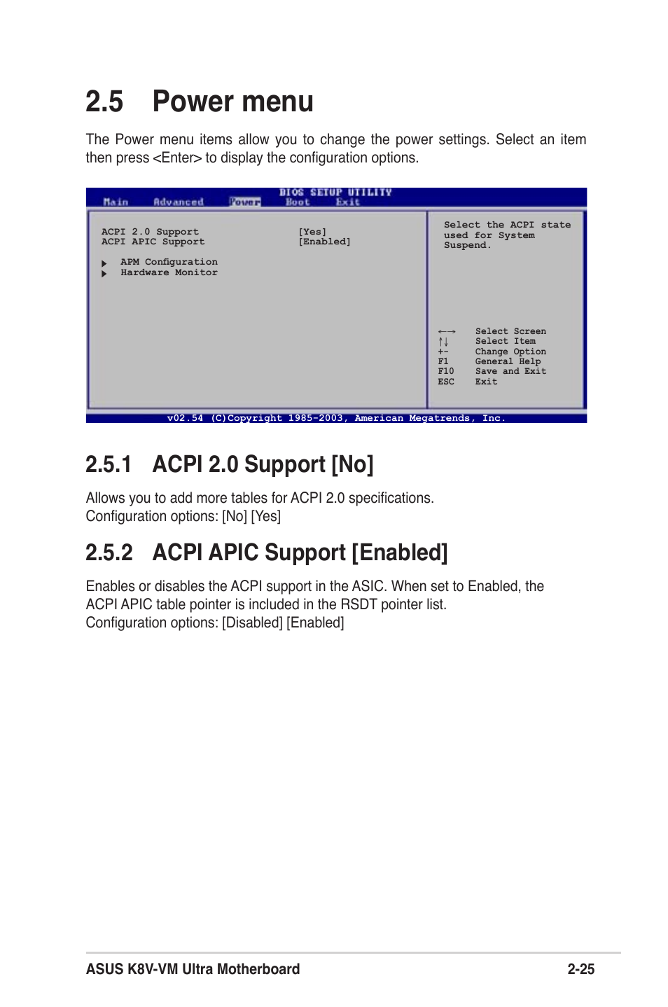 5 power menu, 1 acpi 2.0 support [no, 2 acpi apic support [enabled | Asus K8V-VM Ultra User Manual | Page 61 / 78