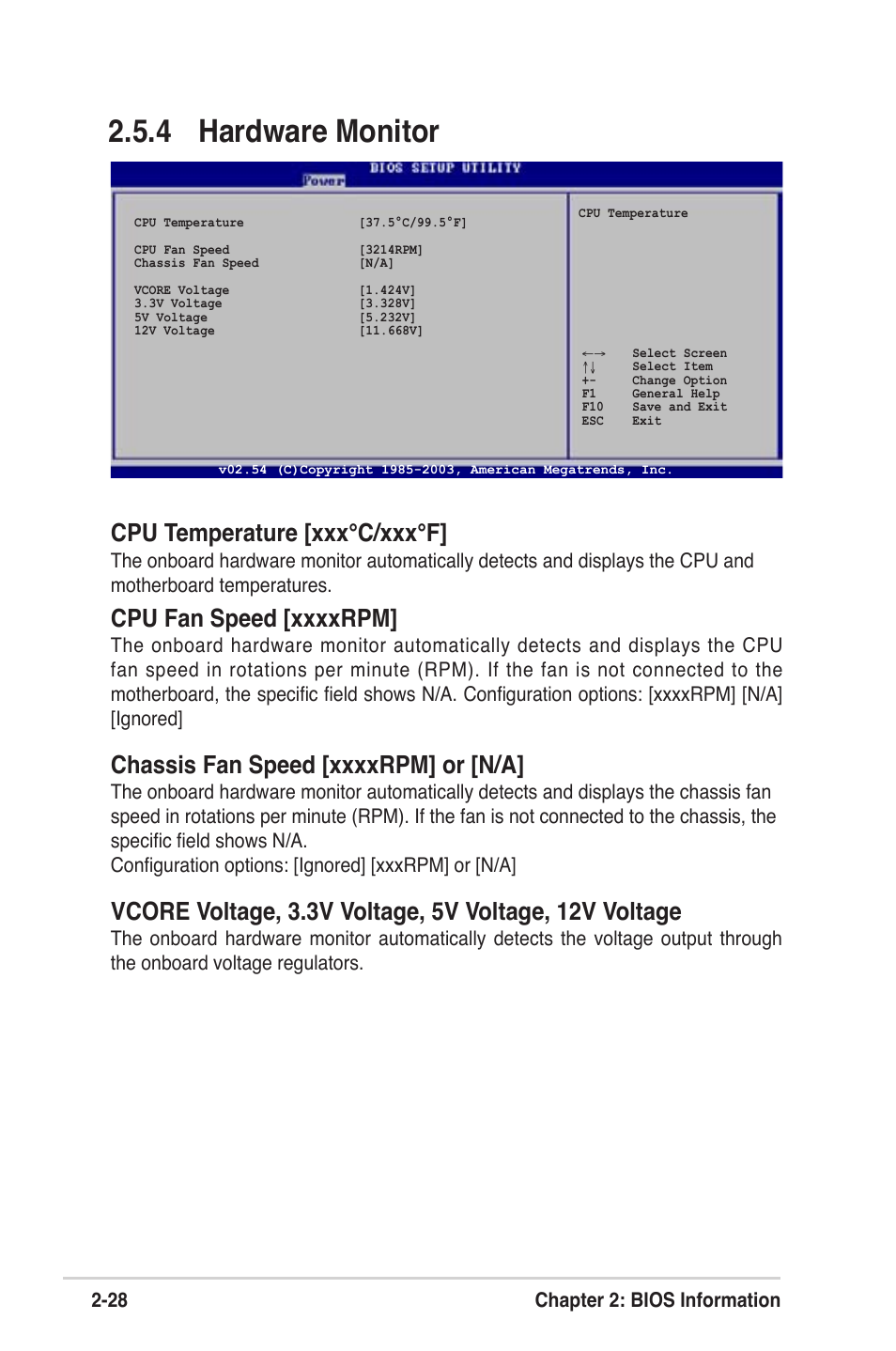 4 hardware monitor, Cpu temperature [xxx°c/xxx°f, 28 chapter 2: bios information | Asus K8V-VM Ultra User Manual | Page 64 / 78