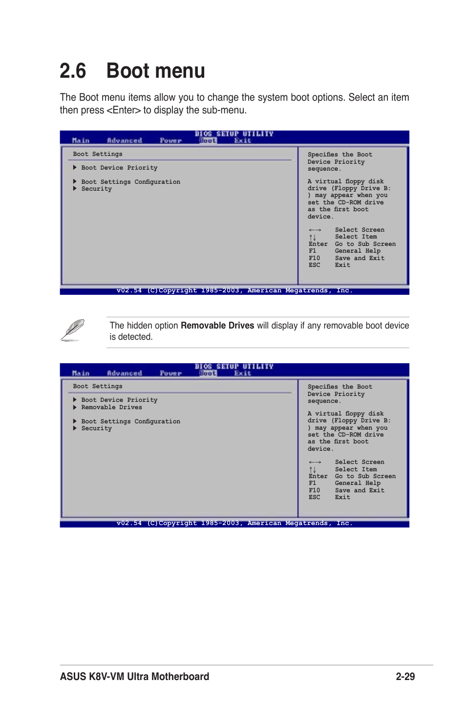 6 boot menu, Asus k8v-vm ultra motherboard 2-29 | Asus K8V-VM Ultra User Manual | Page 65 / 78