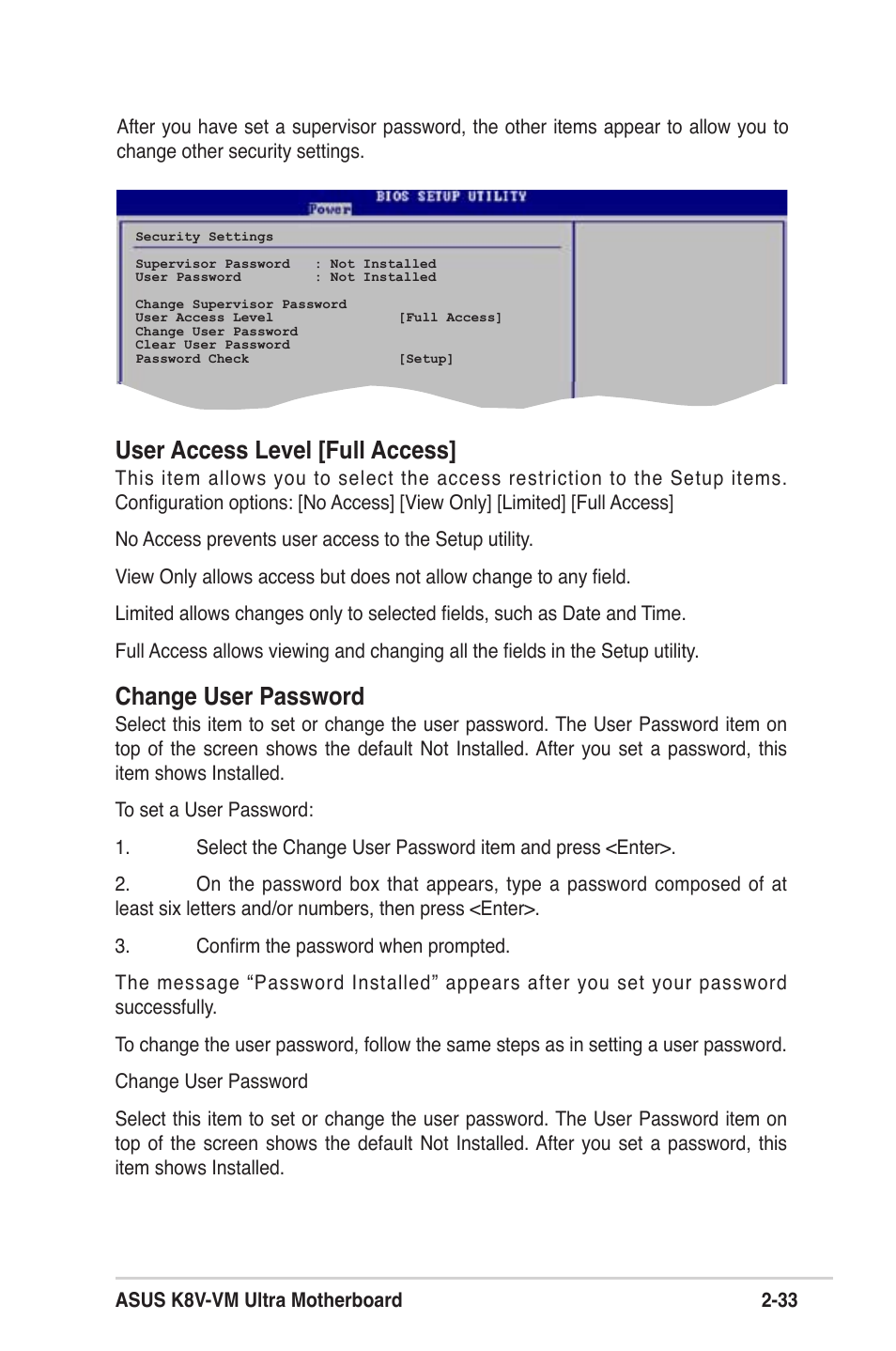 User access level [full access, Change user password | Asus K8V-VM Ultra User Manual | Page 69 / 78