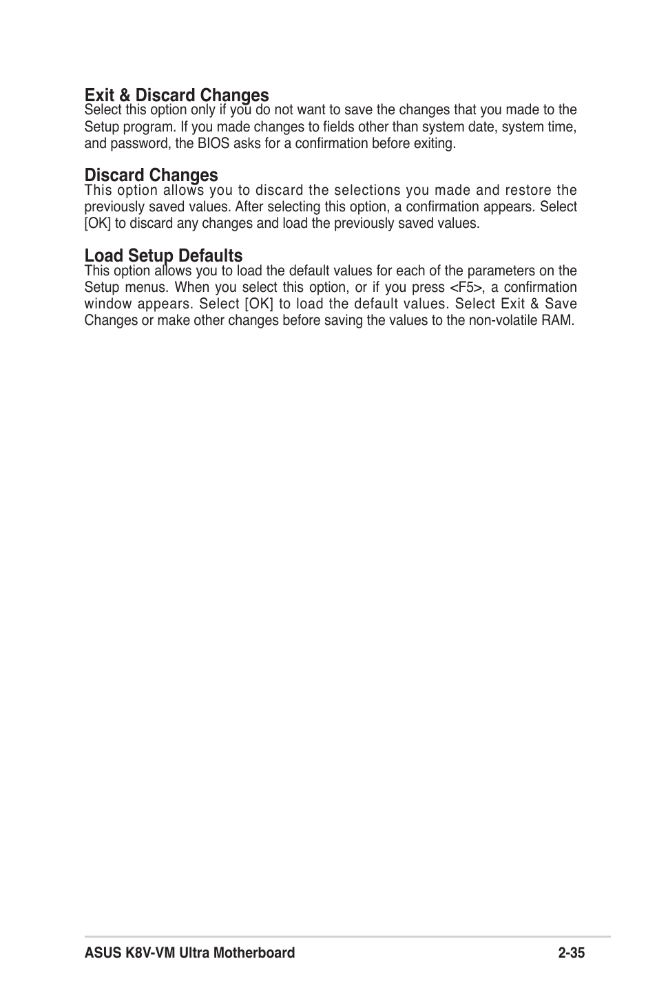 Exit & discard changes, Discard changes, Load setup defaults | Asus K8V-VM Ultra User Manual | Page 71 / 78