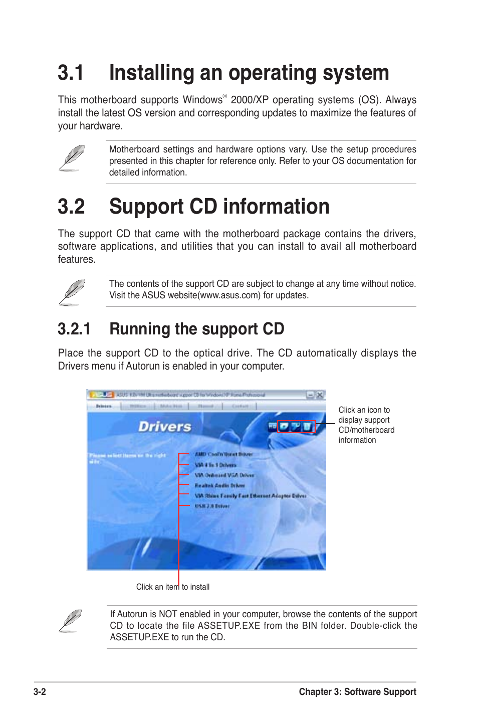 1 installing an operating system, 2 support cd information, 1 running the support cd | Asus K8V-VM Ultra User Manual | Page 74 / 78