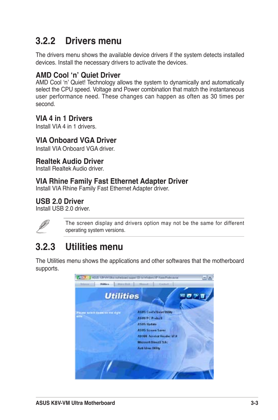 2 drivers menu, 3 utilities menu | Asus K8V-VM Ultra User Manual | Page 75 / 78