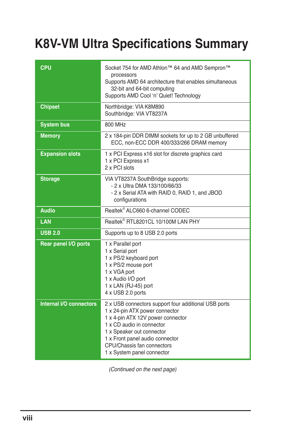 K8v-vm ultra speciﬁcations summary, Viii | Asus K8V-VM Ultra User Manual | Page 8 / 78