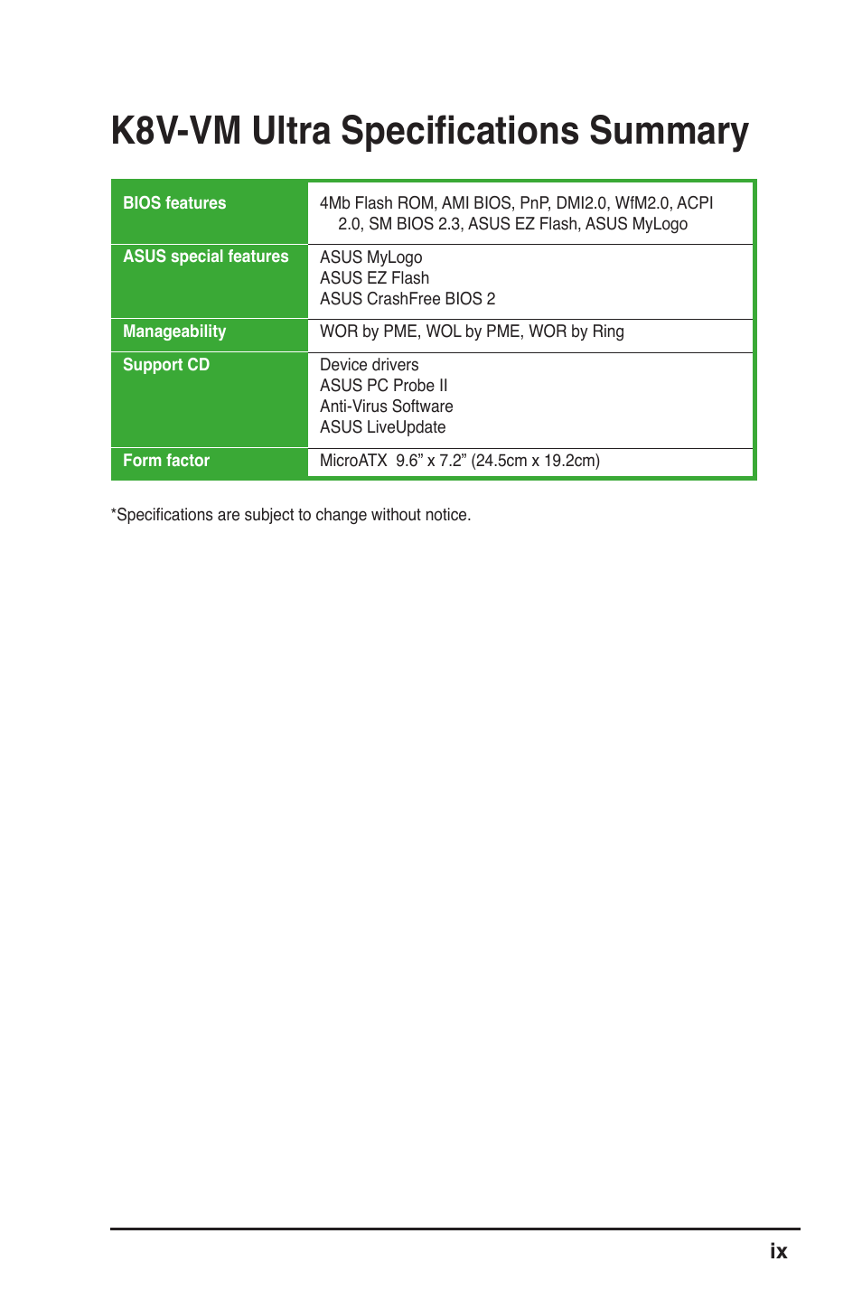 K8v-vm ultra speciﬁcations summary | Asus K8V-VM Ultra User Manual | Page 9 / 78