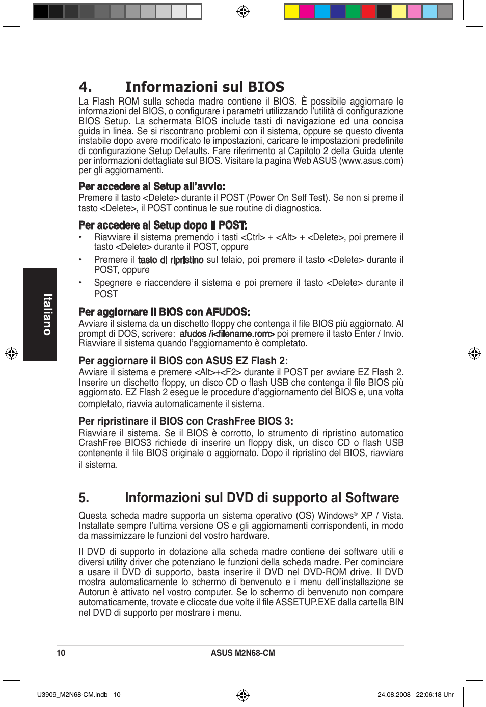 Informazioni sul bios, Informazioni sul dvd di supporto al software | Asus M2N68-CM User Manual | Page 10 / 38