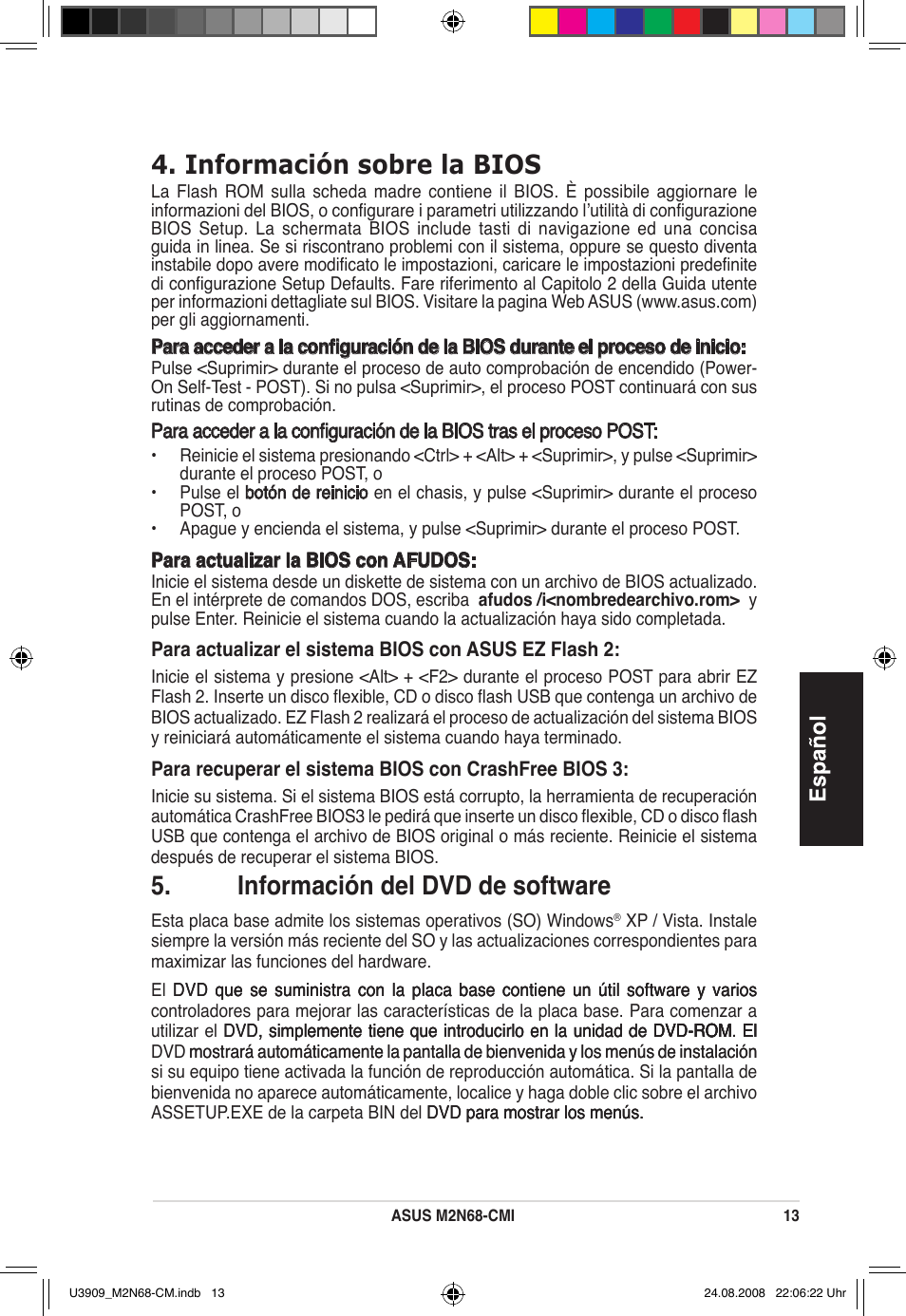 Información del dvd de software, Información sobre la bios | Asus M2N68-CM User Manual | Page 13 / 38