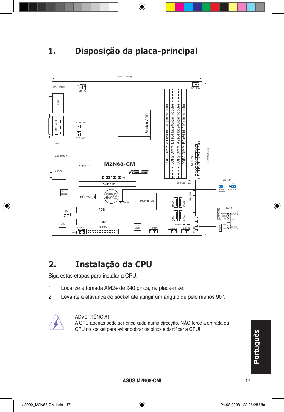 Disposição da placa-principal 2. instalação da cpu, Asus mn68-cmi 1, Mn68-cm | Socket am2 | Asus M2N68-CM User Manual | Page 17 / 38