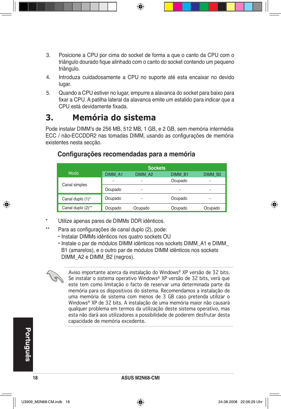 Memória do sistema, Configurações recomendadas para a memória | Asus M2N68-CM User Manual | Page 18 / 38