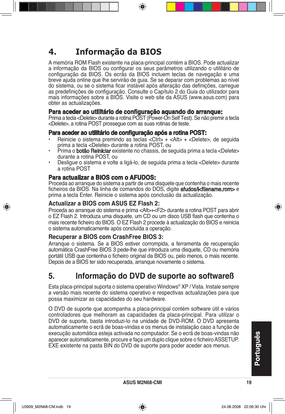Informação da bios, Informação do dvd de suporte ao softwareß | Asus M2N68-CM User Manual | Page 19 / 38
