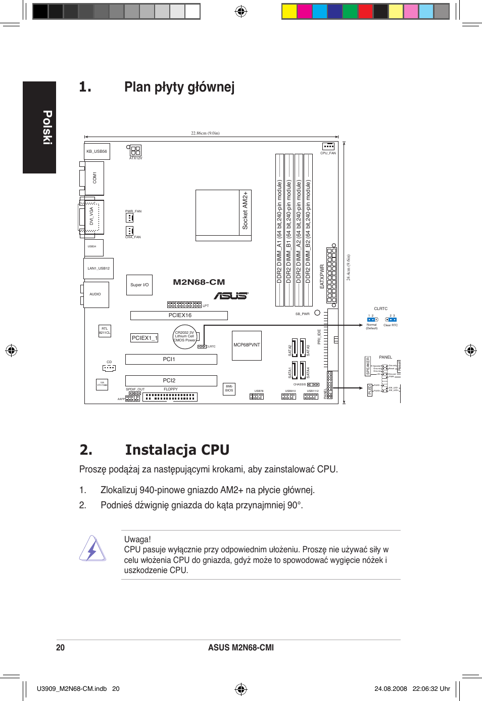 Plan płyty głównej 2. instalacja cpu, Polski, 0 asus mn68-cmi | Mn68-cm | Asus M2N68-CM User Manual | Page 20 / 38