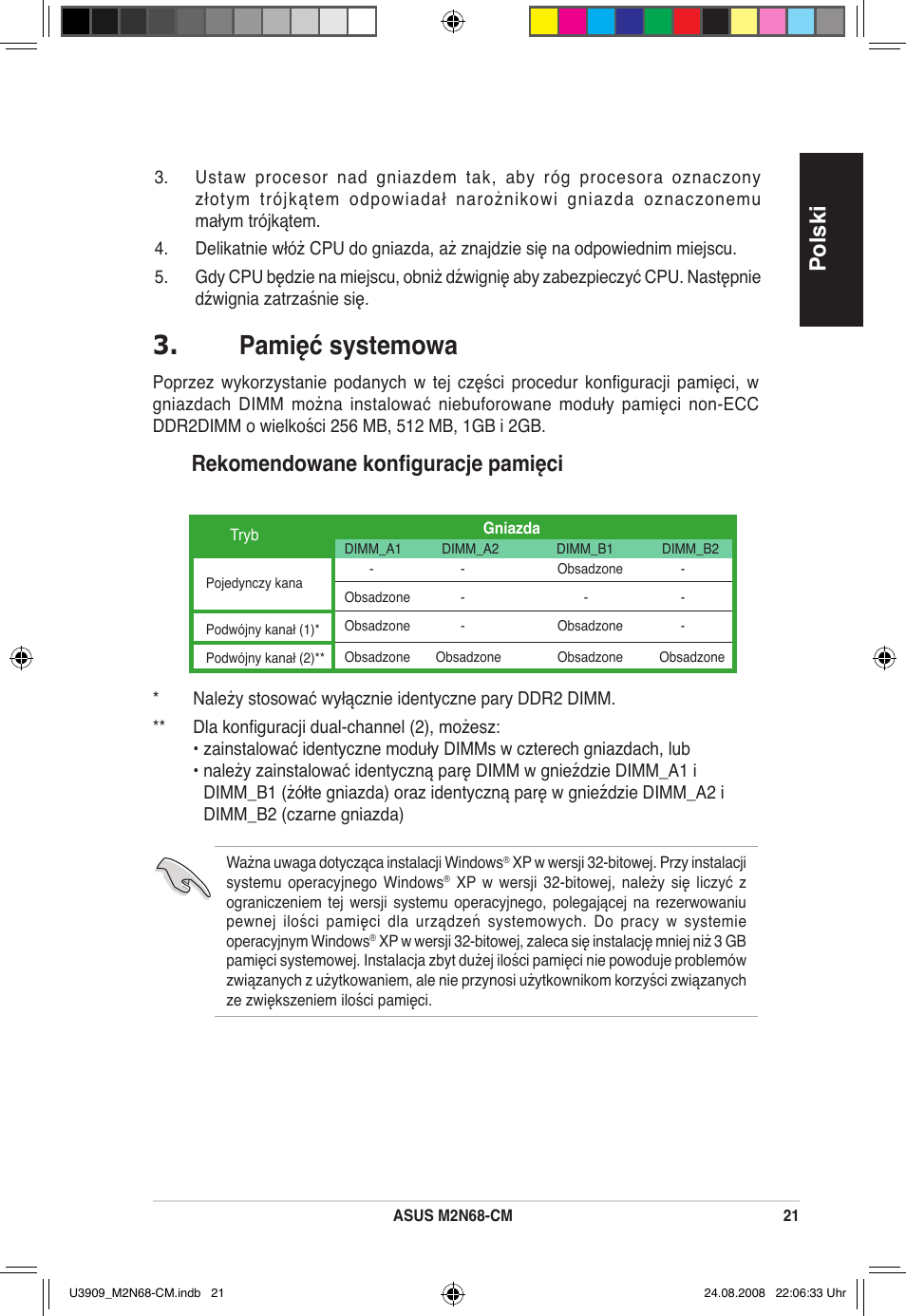 Pamięć systemowa, Polski, Rekomendowane konfiguracje pamięci | Asus M2N68-CM User Manual | Page 21 / 38