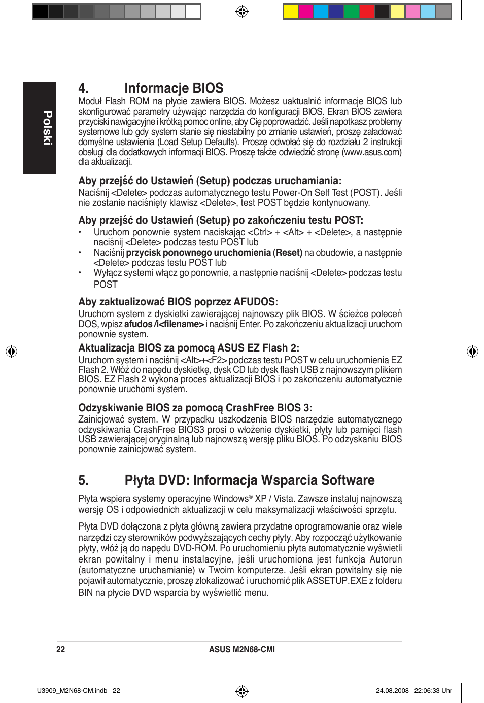 Informacje bios, Płyta dvd: informacja wsparcia software, Polski | Asus M2N68-CM User Manual | Page 22 / 38