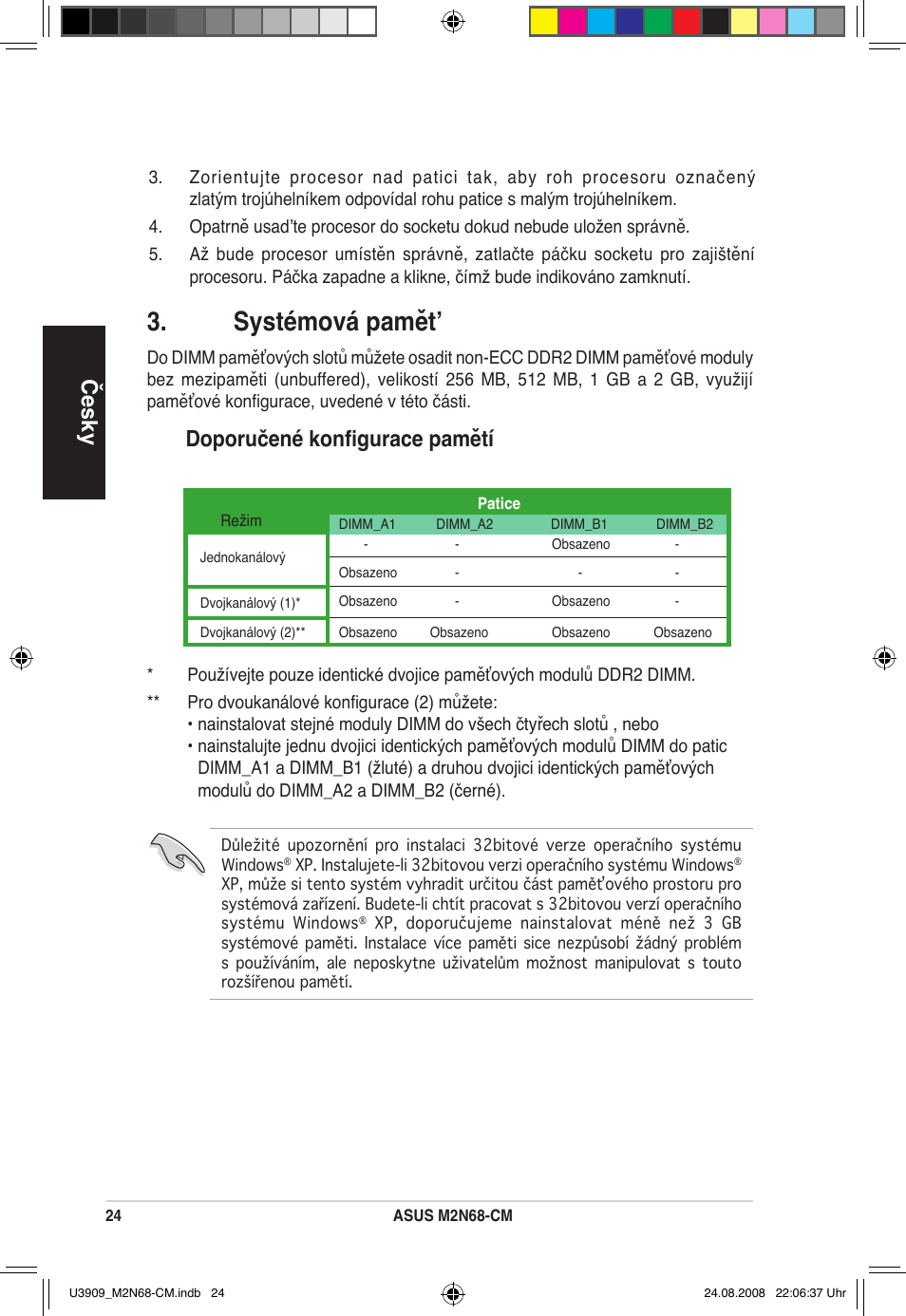 Systémová pamět, Česky, Doporučené konfigurace pamětí | Asus M2N68-CM User Manual | Page 24 / 38