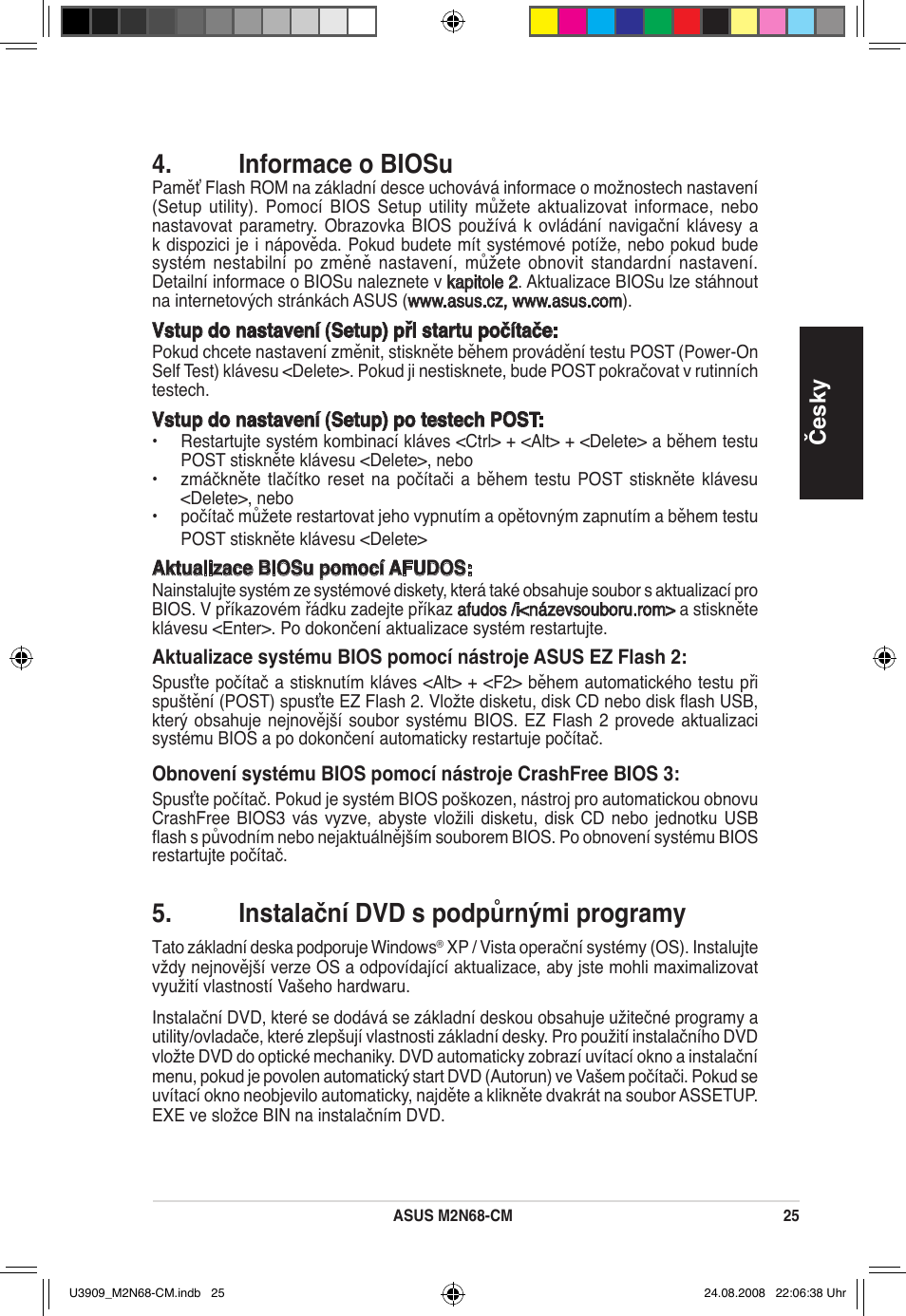 Informace o biosu, Instalační dvd s podpůrnými programy, Česky | Asus M2N68-CM User Manual | Page 25 / 38