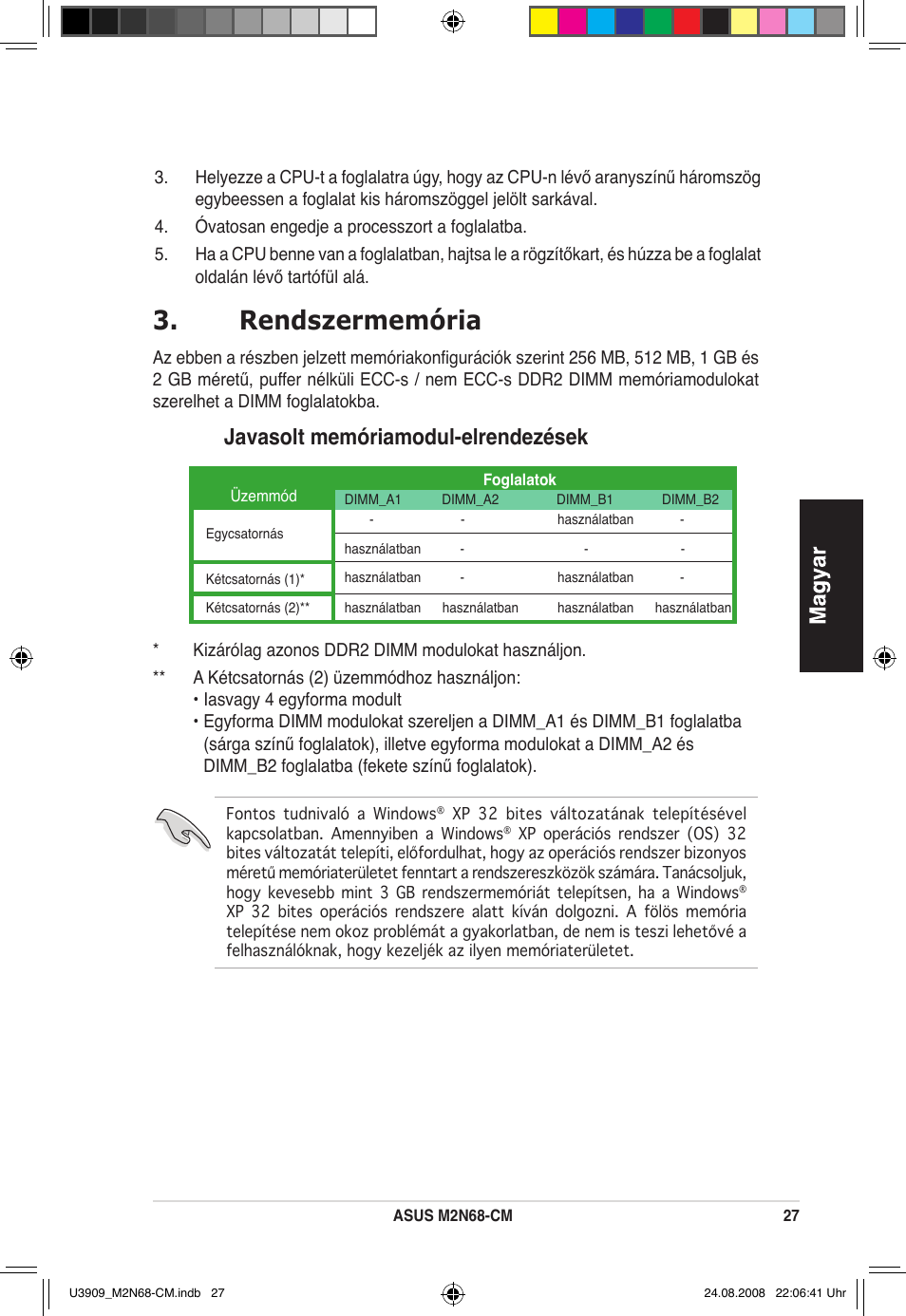 Rendszermemória, Javasolt memóriamodul-elrendezések | Asus M2N68-CM User Manual | Page 27 / 38