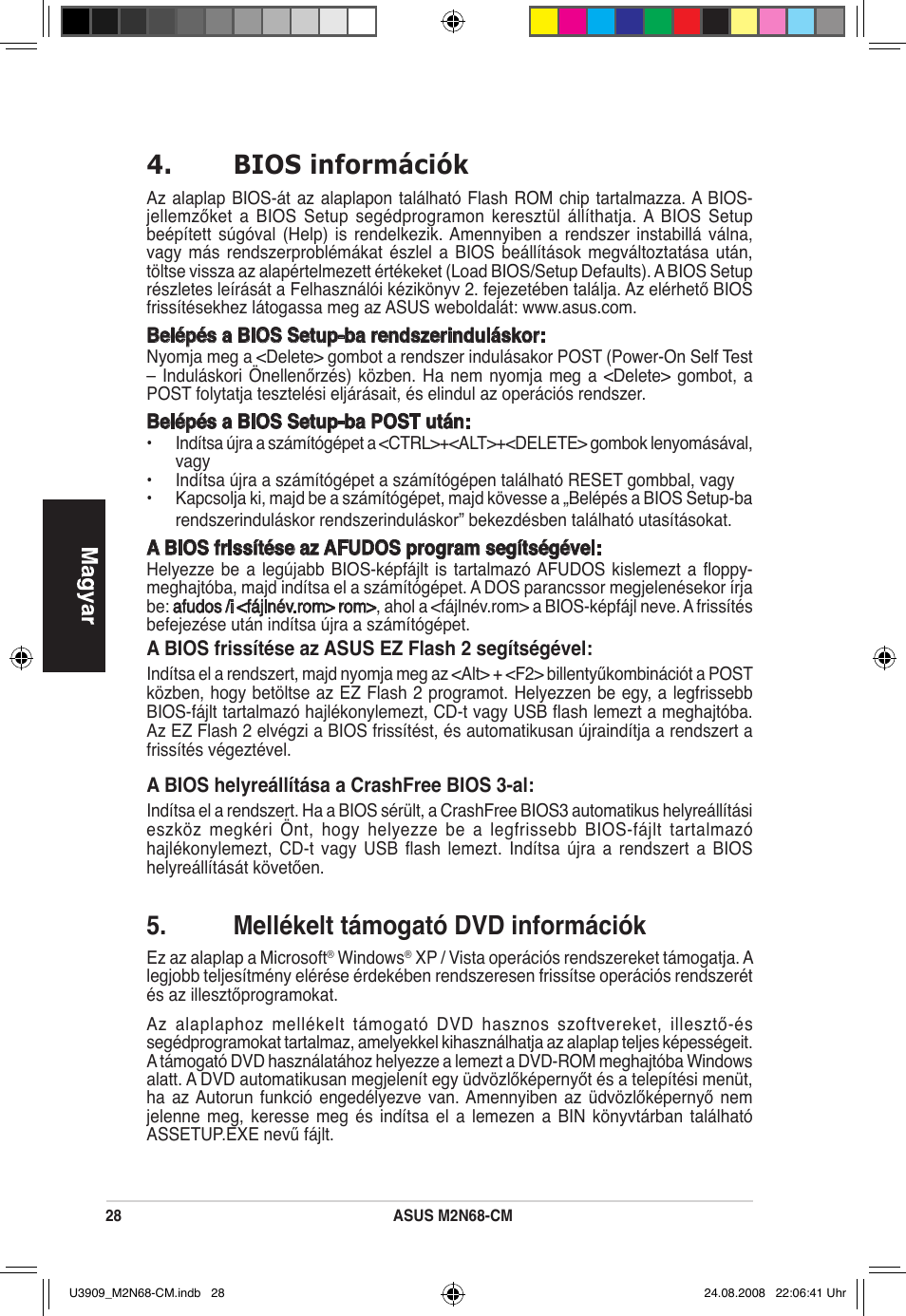 Bios információk, Mellékelt támogató dvd információk | Asus M2N68-CM User Manual | Page 28 / 38