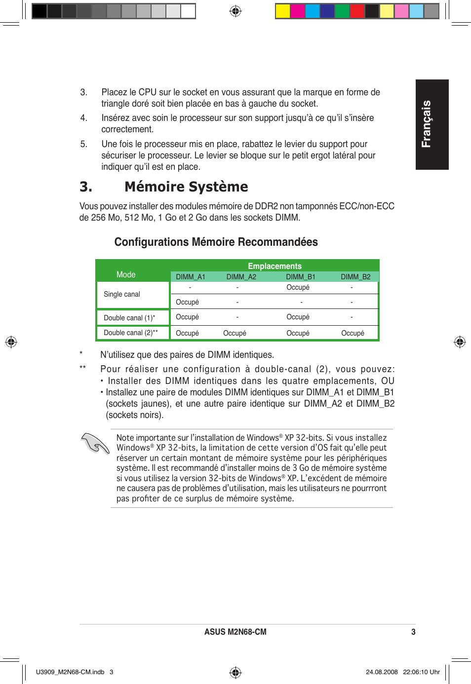 Mémoire système, Français, Configurations mémoire recommandées | Asus M2N68-CM User Manual | Page 3 / 38