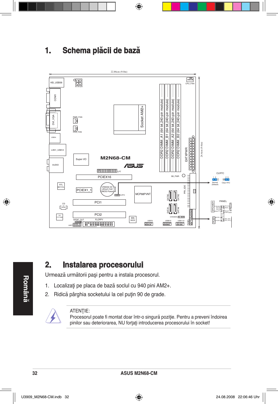 Schema plăcii de bază . instalarea procesorului, Română, Asus mn68-cm | Mn68-cm, Socket am2 | Asus M2N68-CM User Manual | Page 32 / 38