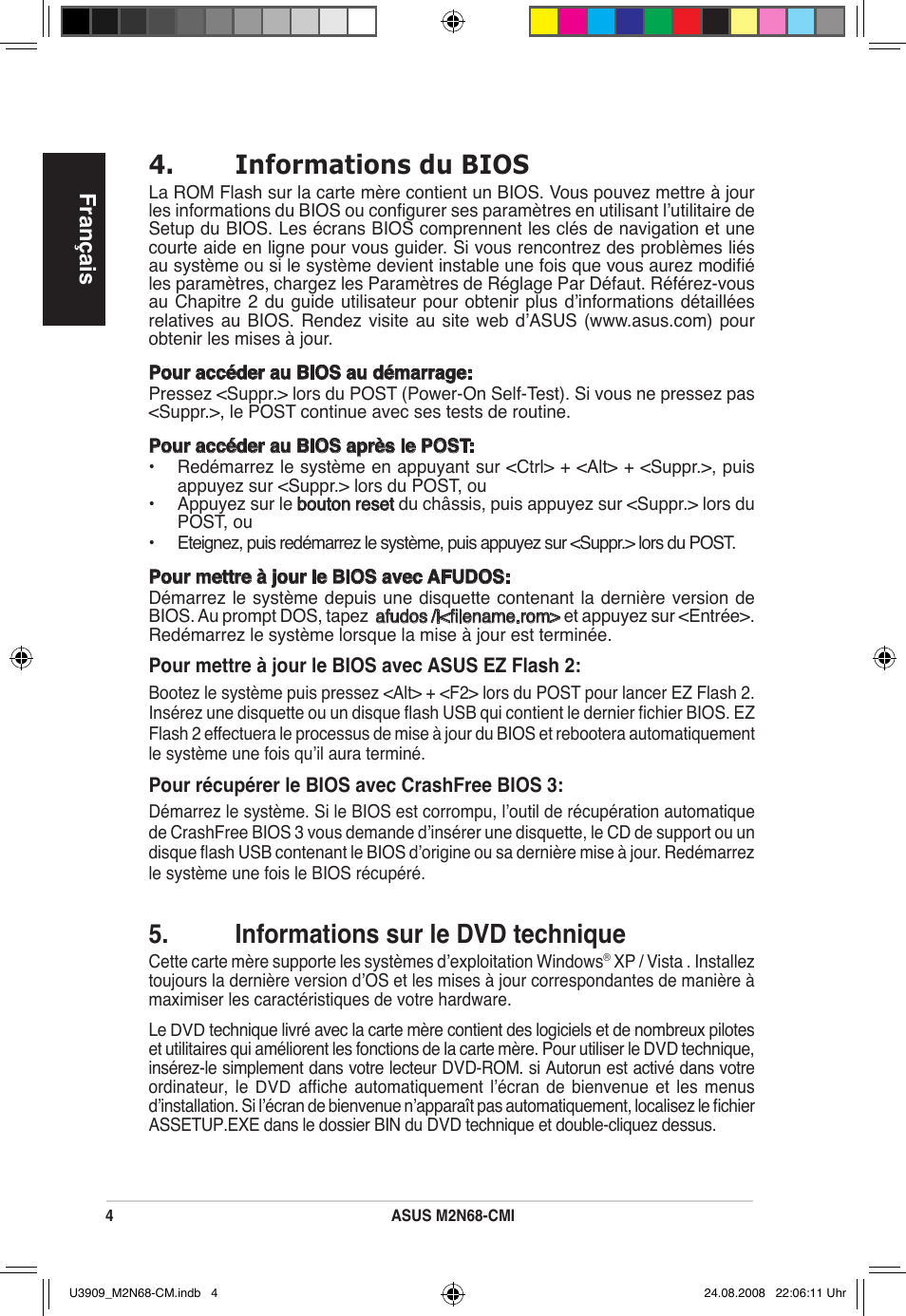 Informations du bios, Informations sur le dvd technique, Français | Asus M2N68-CM User Manual | Page 4 / 38