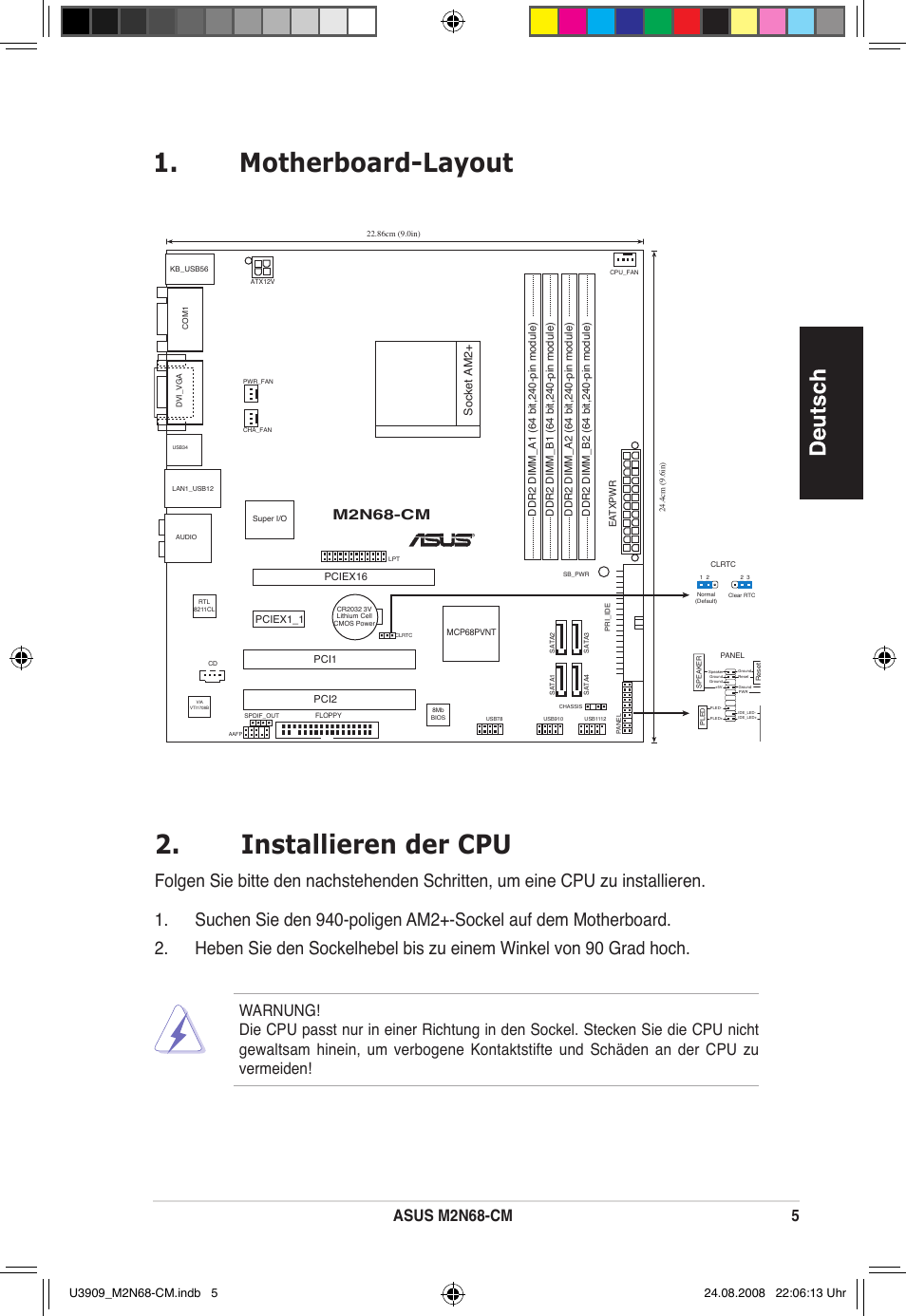 Motherboard-layout 2. installieren der cpu, Asus mn68-cm 5, Mn68-cm | Asus M2N68-CM User Manual | Page 5 / 38