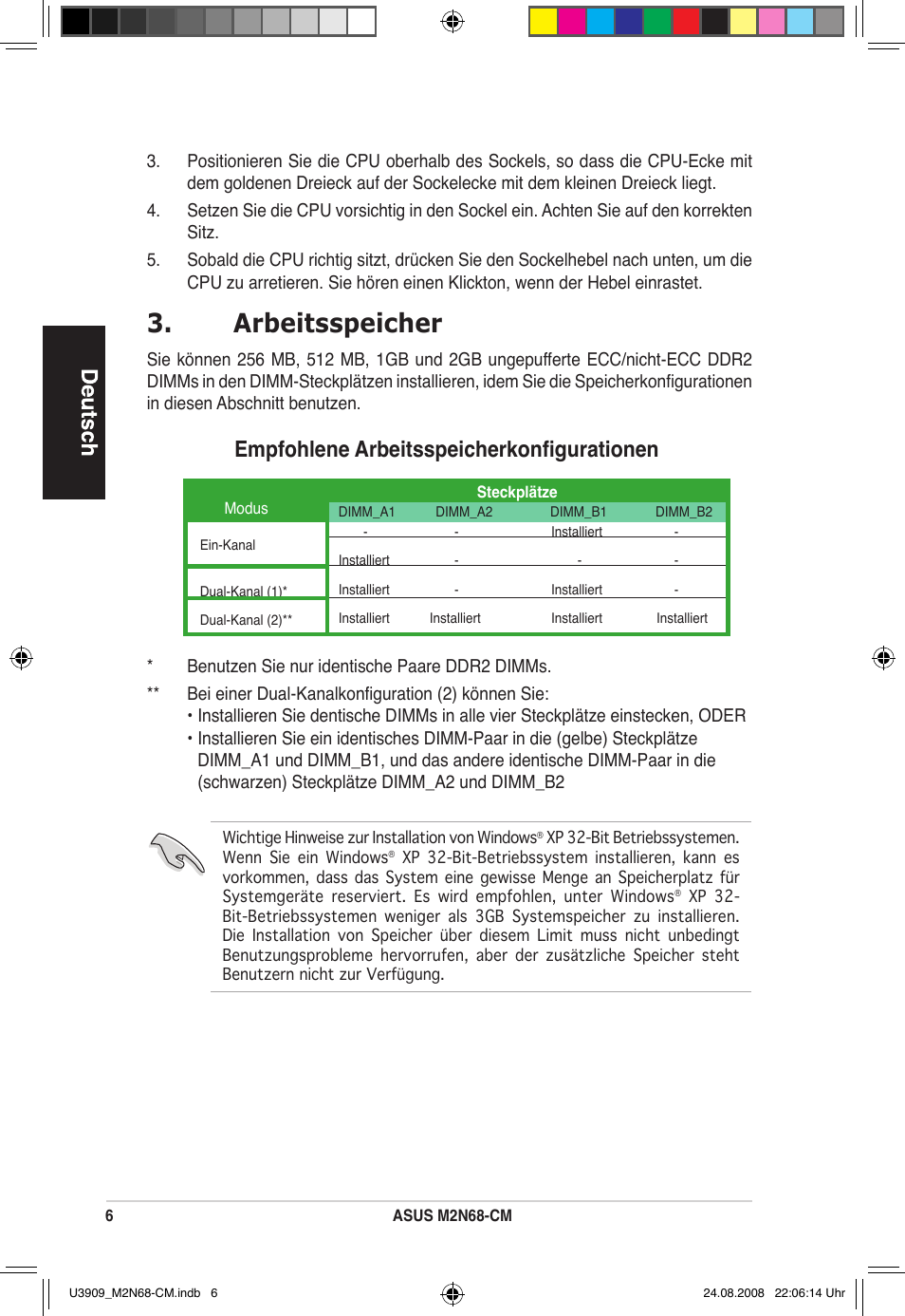 Arbeitsspeicher, Empfohlene arbeitsspeicherkonfigurationen | Asus M2N68-CM User Manual | Page 6 / 38