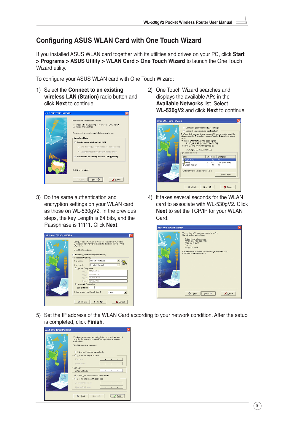 Configuring asus wlan card with one touch wizard | Asus WL-530g V2 User Manual | Page 11 / 30