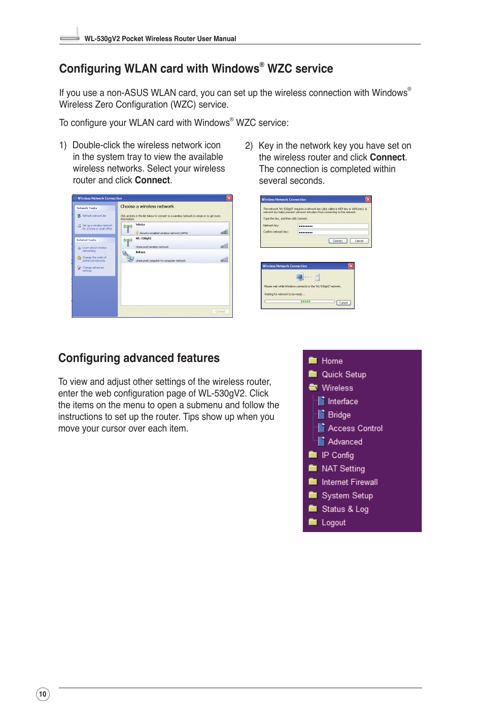 Configuring advanced features, Configuring wlan card with windows, Wzc service | Asus WL-530g V2 User Manual | Page 12 / 30