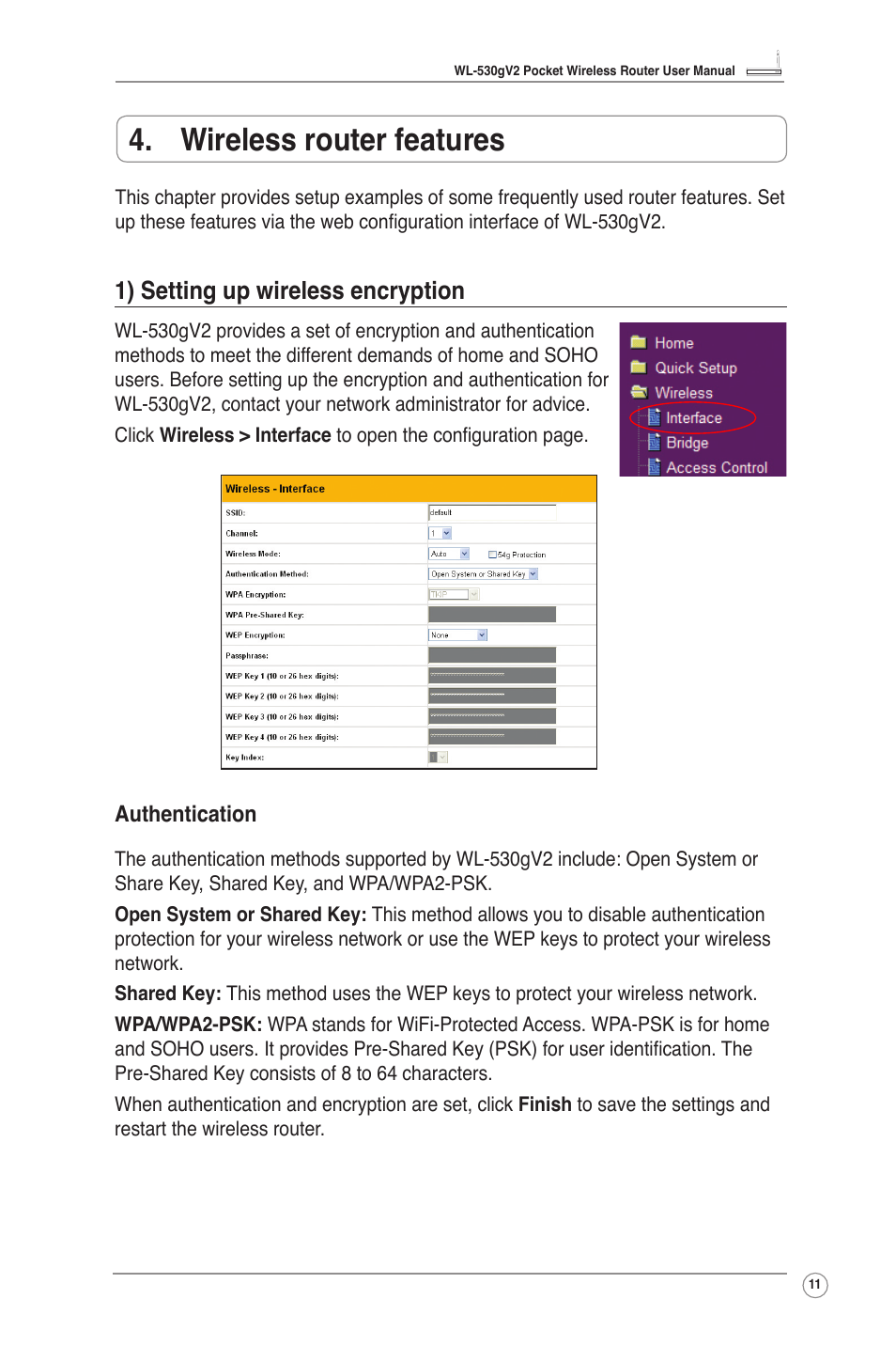Wireless router features, 1) setting up wireless encryption | Asus WL-530g V2 User Manual | Page 13 / 30