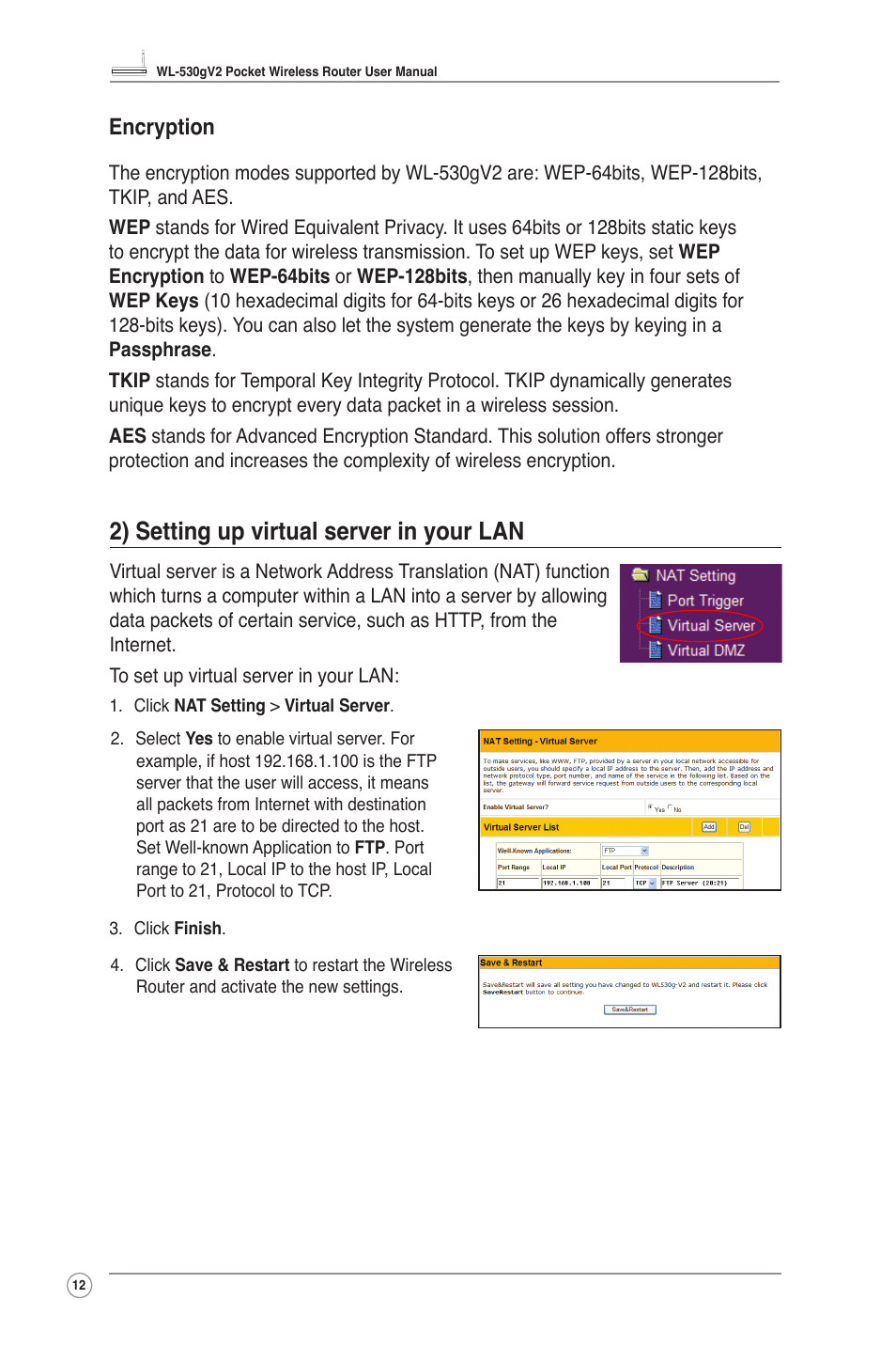 2) setting up virtual server in your lan, Encryption | Asus WL-530g V2 User Manual | Page 14 / 30