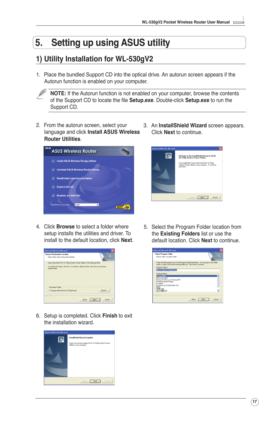 Setting up using asus utility, 1) utility installation for wl-530gv2 | Asus WL-530g V2 User Manual | Page 19 / 30