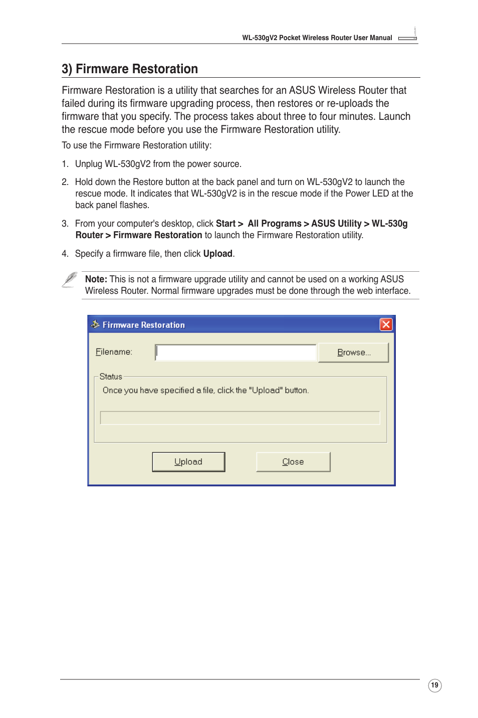 3) firmware restoration | Asus WL-530g V2 User Manual | Page 21 / 30