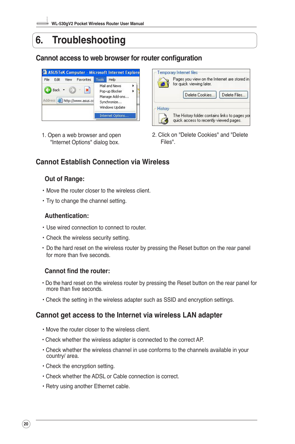 Troubleshooting, Cannot establish connection via wireless | Asus WL-530g V2 User Manual | Page 22 / 30
